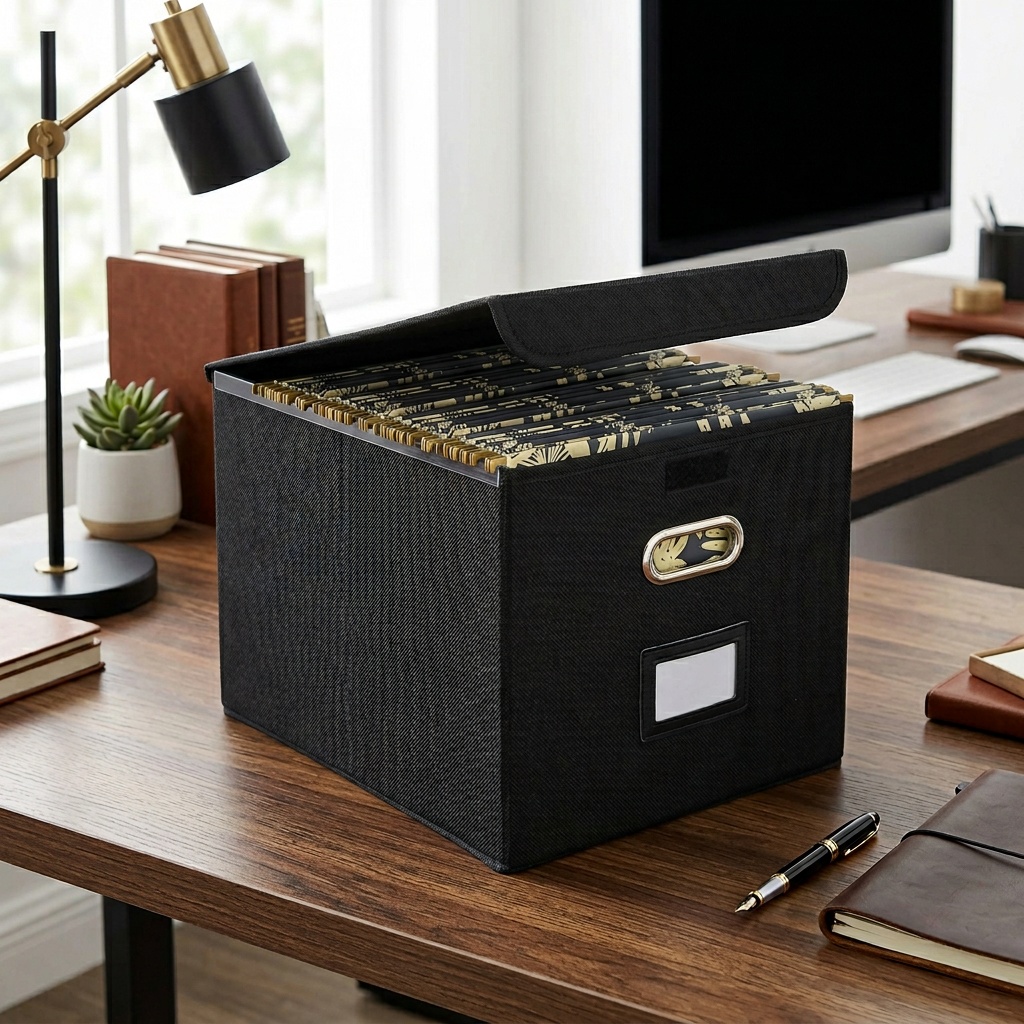 Foldable Fabric File Storage Box with Plastic Sliding Tray