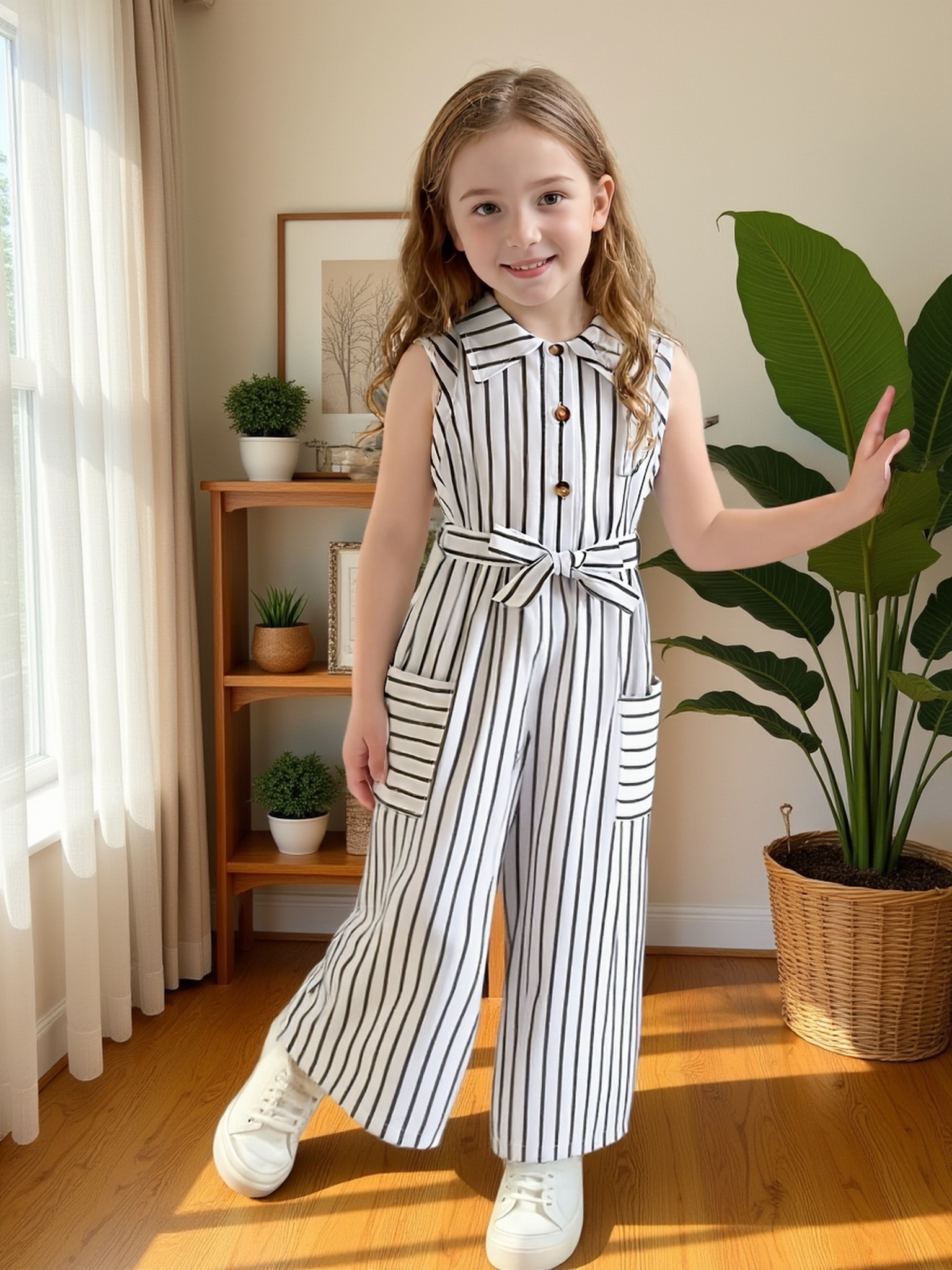 Casual Striped Turn- Collar Sleeveless Belt Half Placket Resin Button Pocket Jumpsuit, Suitable for Summer Outdoor Casual Wear, for Outdoor