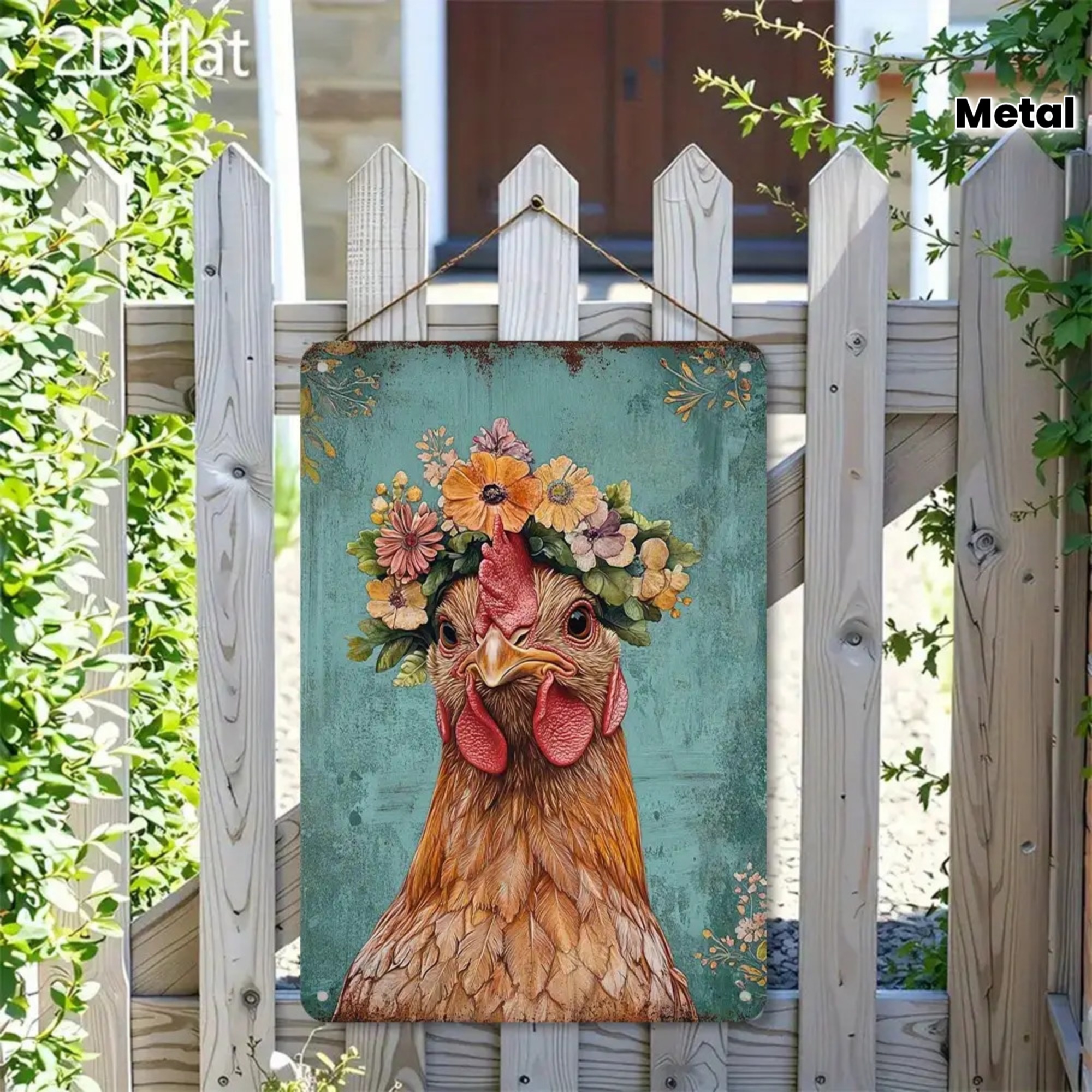 E-shop 2D Flach, 1 Stück Vintage Blumen Metall Blechschild - 20.32X30.48Cm Rostfreies Blech Wandkunst mit Lächelnder Hühner & Blumenkrone Design, Teal