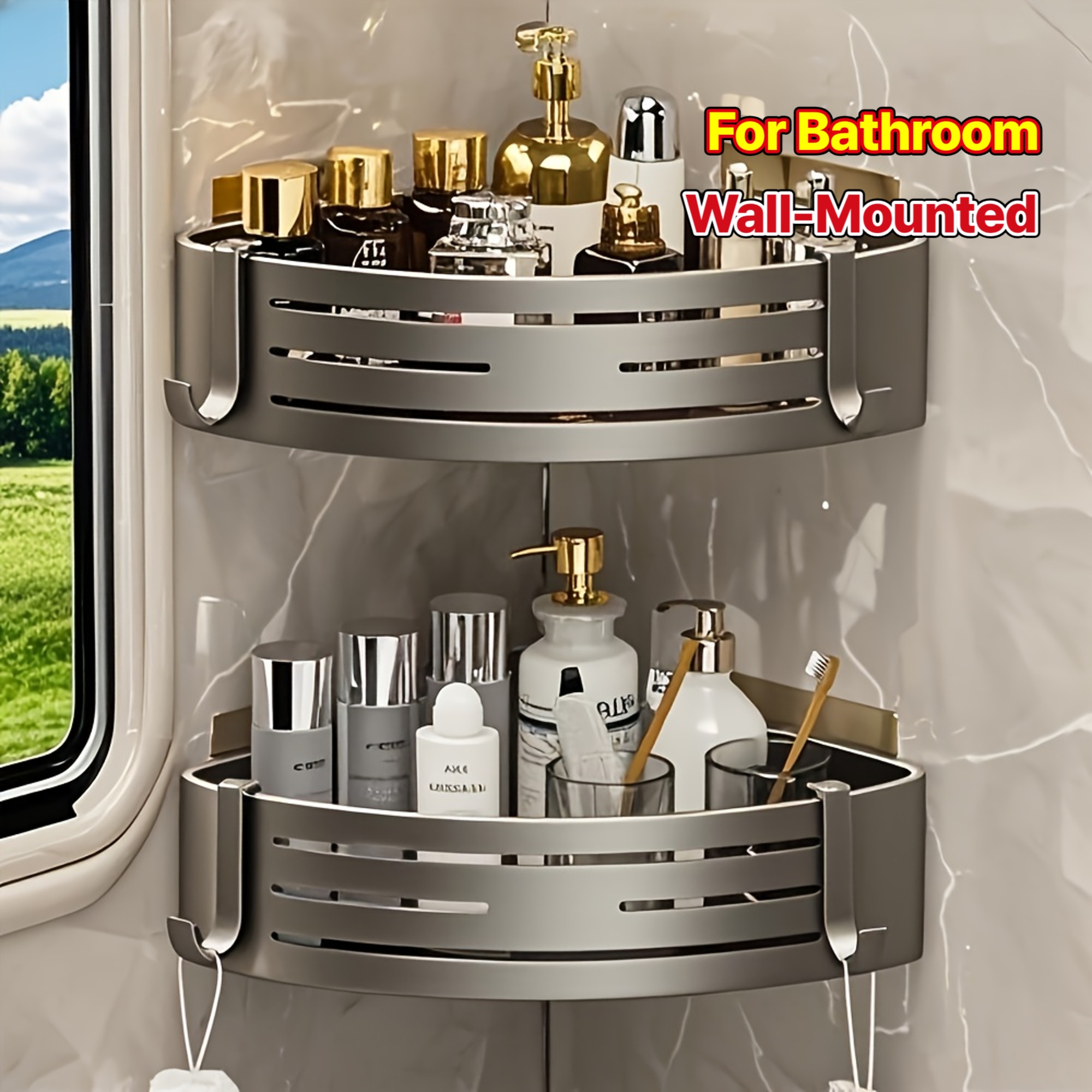 item picture 2pcs space saving   corner shelf durable wall mounted bathroom organizer for shampoo shower gel     non slip design bathroom decor and accessory hooks bathroom accessories shower caddy