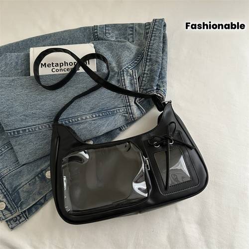 bolso de axila transparente con bolsillo y de venta caliente, mini bolso cruzado ajustable, bolso de cuerpo de media luna con bolsillo frontal transparente , almacenamiento en capas, bolsillo frontal transparente para recuperación rápida de tarjetas