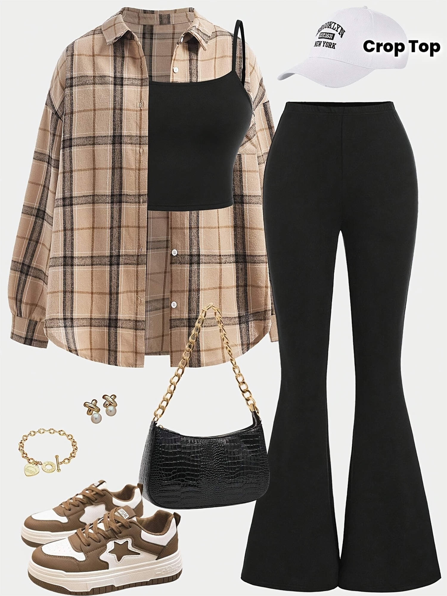 ensemble 3 pièces de chemise à manches longues à carreaux ciblée dp010599+ , haut court noir, pantalon évasé Détails du produit 8