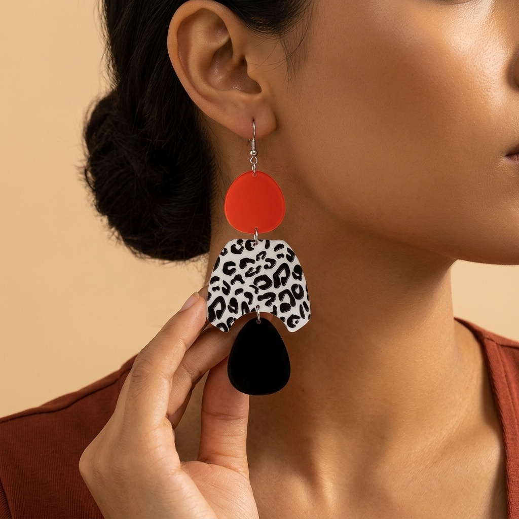 Women's Long Acrylic Earrings with Red Leopard Print, Bold Style