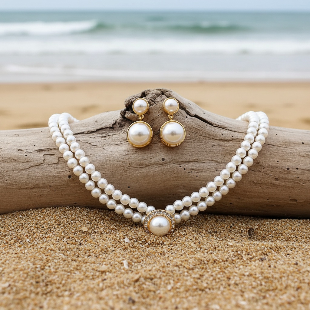 2pcs Set of Simple White Bead-sized Geometric Earrings & Necklace