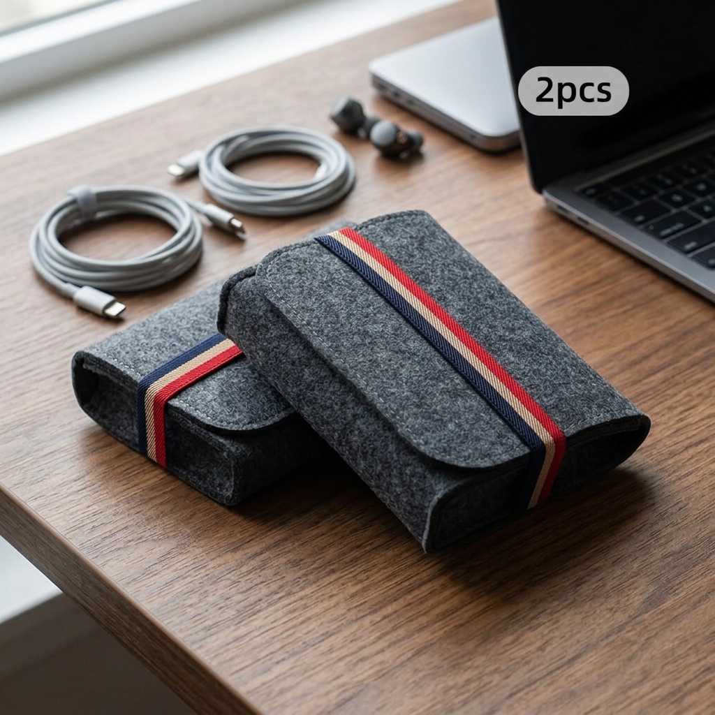 2pcs Portable Felt Storage Bags for Cables and Chargers