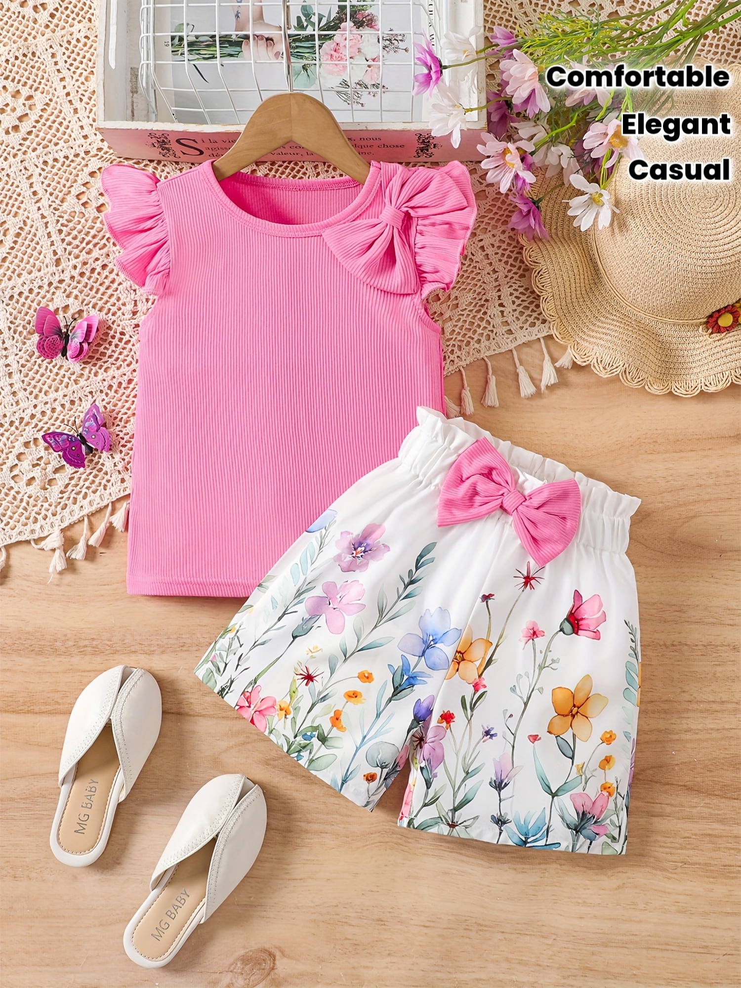 Girls' 2pcs Shorts Set, Elegant Floral and Botanical Pattern + Positioned Digital Print, Top in Pink Ice Silky Fiber Fabric with Small Ribbed Texture, Soft, Comfortable, and Casual Outerwear, Perfect for Outdoor Outfits, Holiday Parties