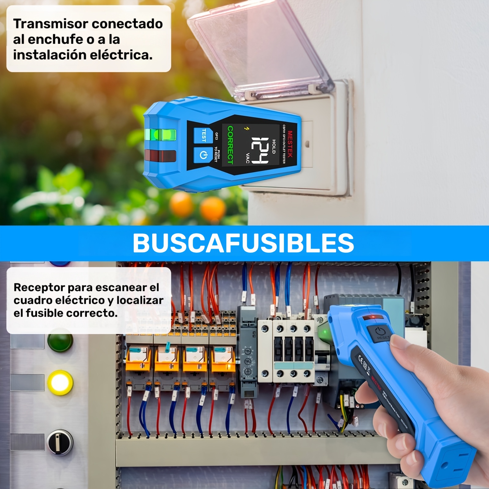 CBF01 Buscador de Disyuntores 2 EN 1, Probador Eléctrico AC 120V Detecta Fallas en Cables Comunes, Probador de Enchufes GFCI con Enchufe Estadounidense, Indicador de Bloqueo de Medidor de Enchufes con Pantalla LED, Herramienta de Rastreo de Circuitos Eléctricos, Reconocedor Rápido de Fusibles de Disyuntores, Sin Batería - Imagen 8