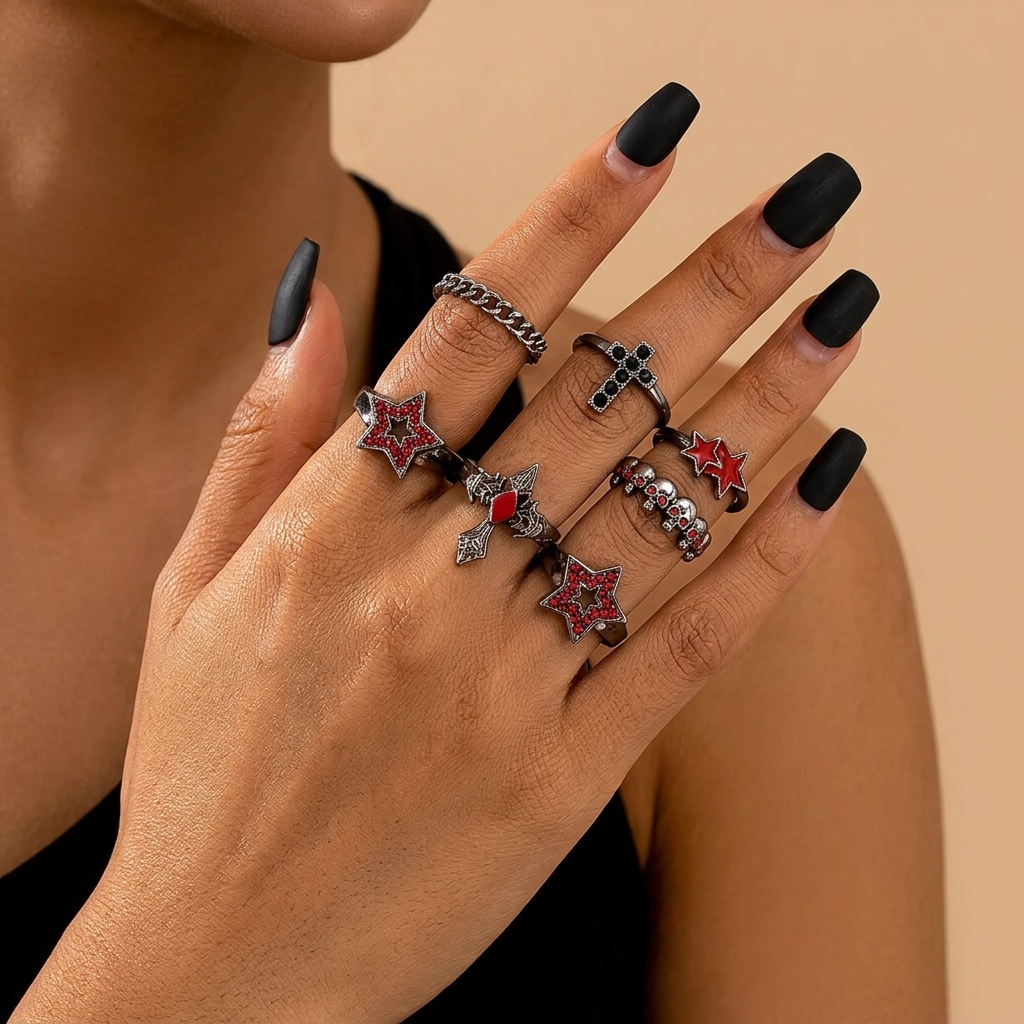 Multi-Set Dark Gothic Synthetic Rhinestone Ring Set