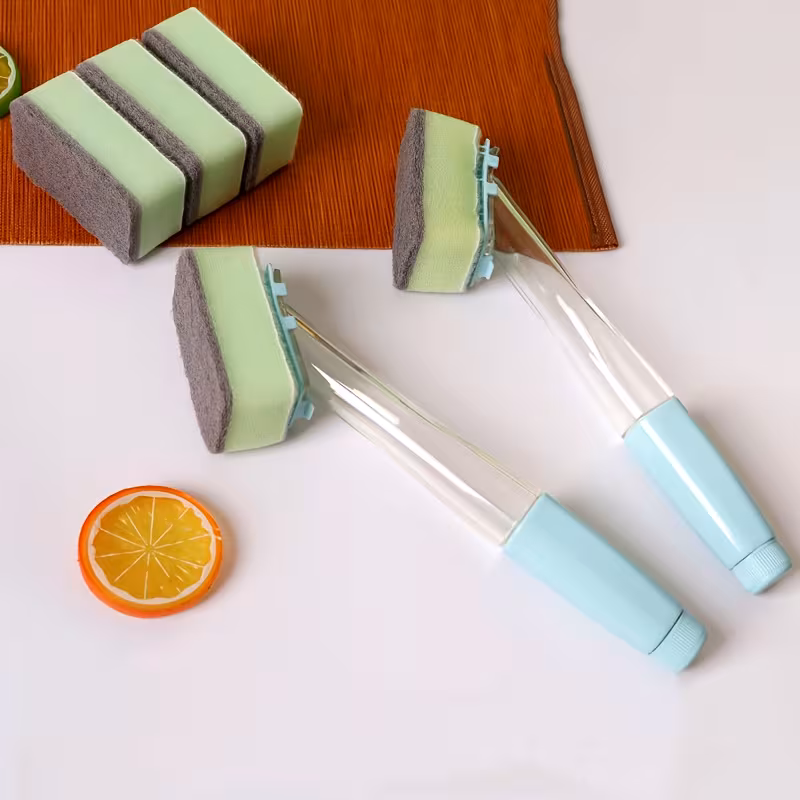 one handle with four sponge replacement heads a long handled sponge brush with interchangeable sponge heads a versatile cleaning tool for kitchen utensils water bottles and bathrooms a durable essential for household cleaning Product details 1