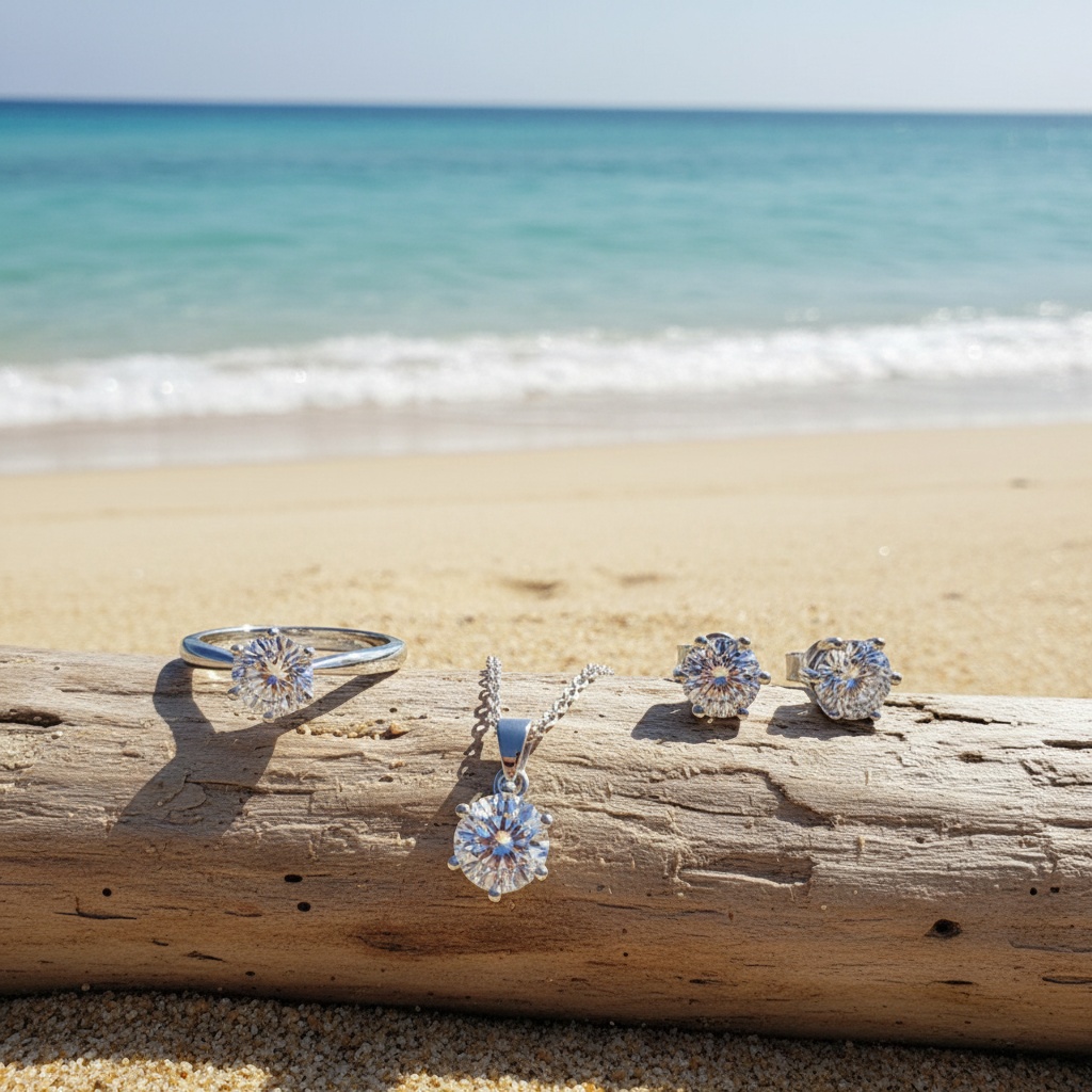 Classic 6 Claws Silvery Plated Necklace, Earrings & Ring Set