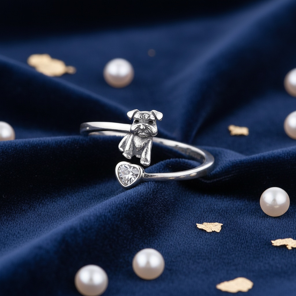 925 Sterling Silver Snowy Dog Pattern Charm Ring — Gift for Dog Lovers