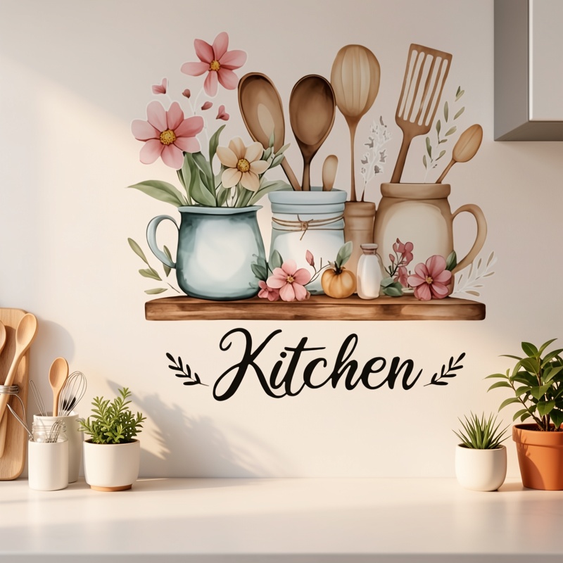 Kitchen Wall Sticker - Spice Jar Floral Pattern, Self-Adhesive Decal
