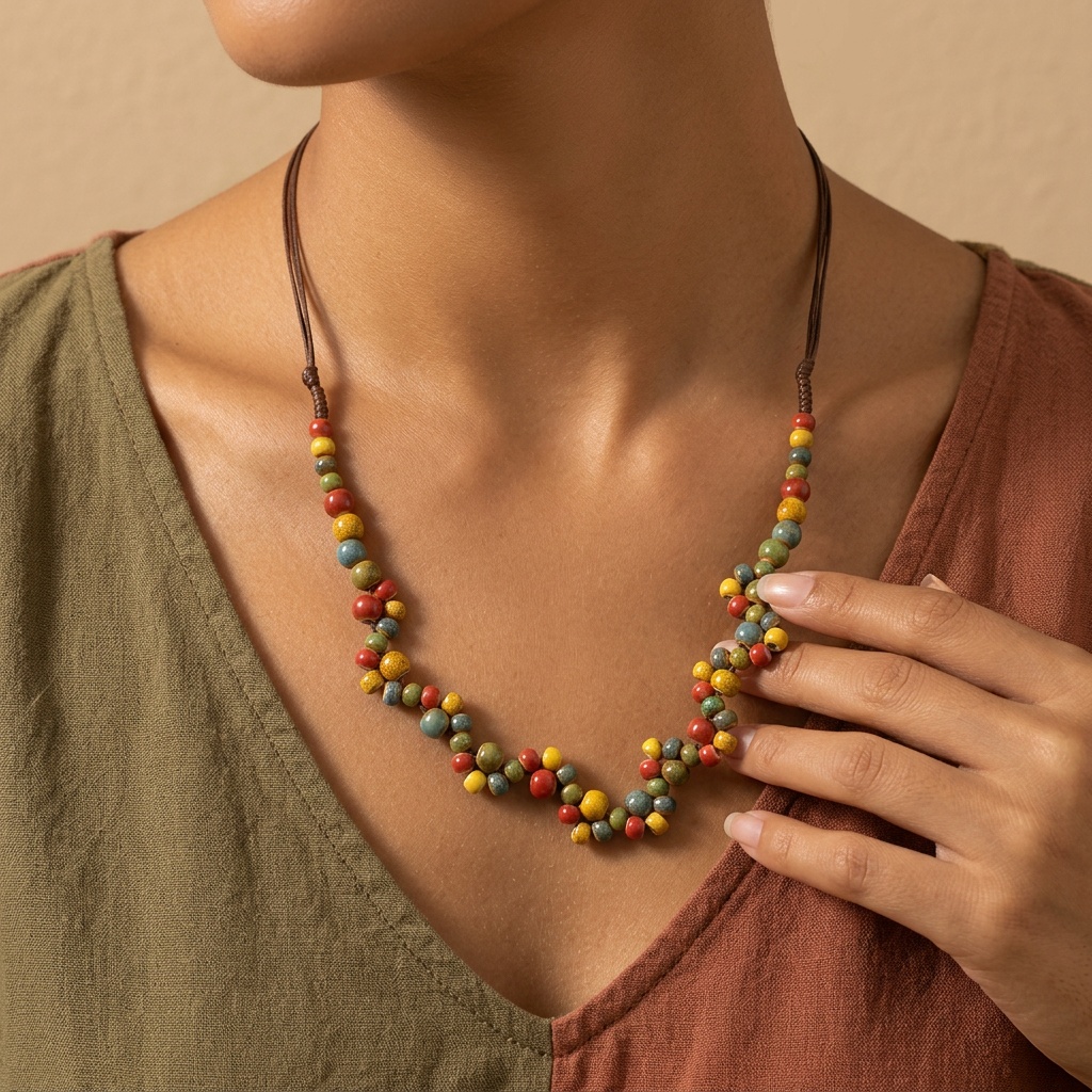 Boho Multicolor Ceramic Bead Strand Necklace for Women