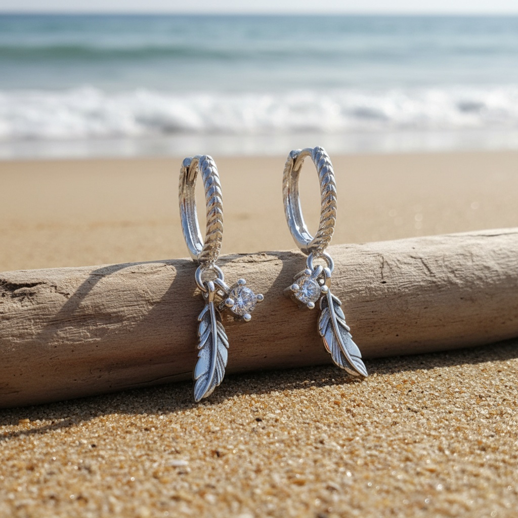 Copper Feather Design Earrings with Woven Hoops
