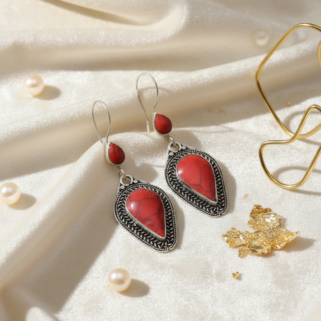 Women's Bohemian Red Synthetic Turquoise Droplet Pendant Earrings