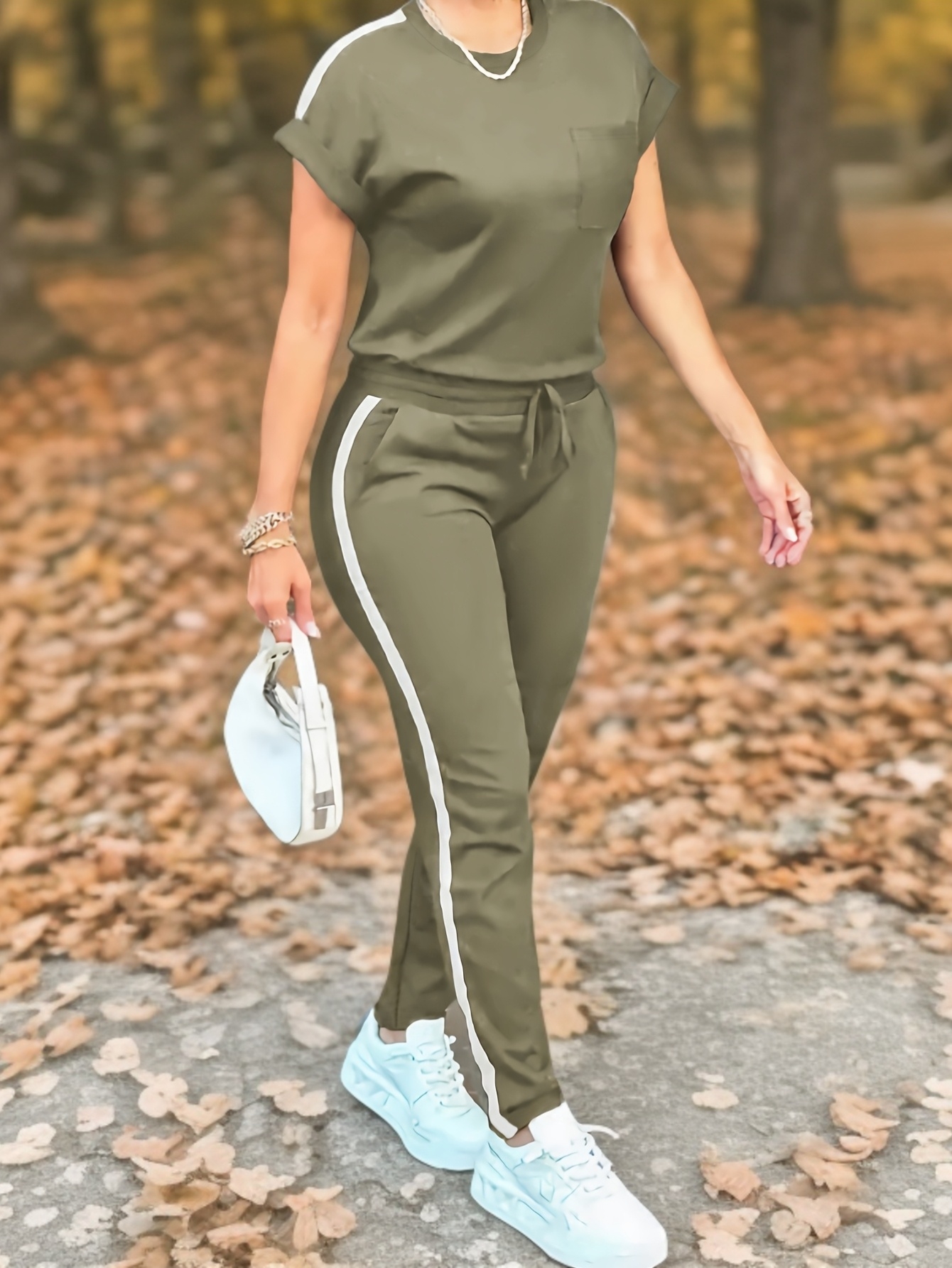 Ensemble Décontracté Femme — T-Shirt & Pantalon Rayé Ensemble décontracté à manches courtes pour les navetteurs, style tendance