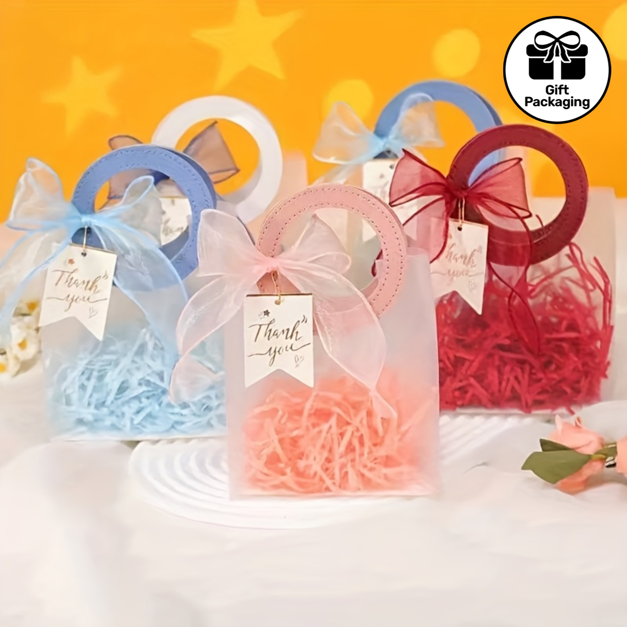 16 Reusable PVC Transparent Gift Bags with Raffia & Ribbons