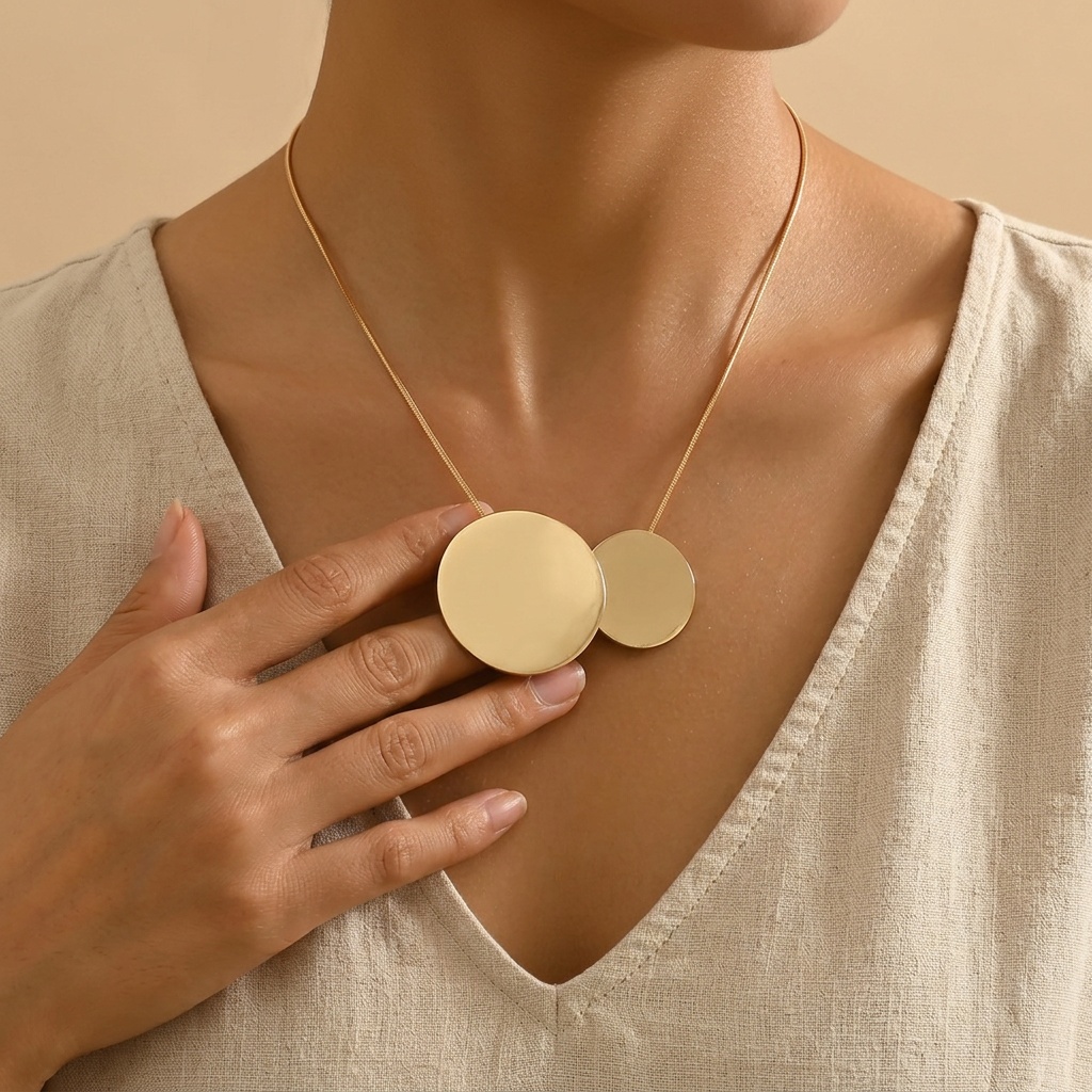 Minimalist Geometric Circle Snake Chain Necklace, Golden-Tone