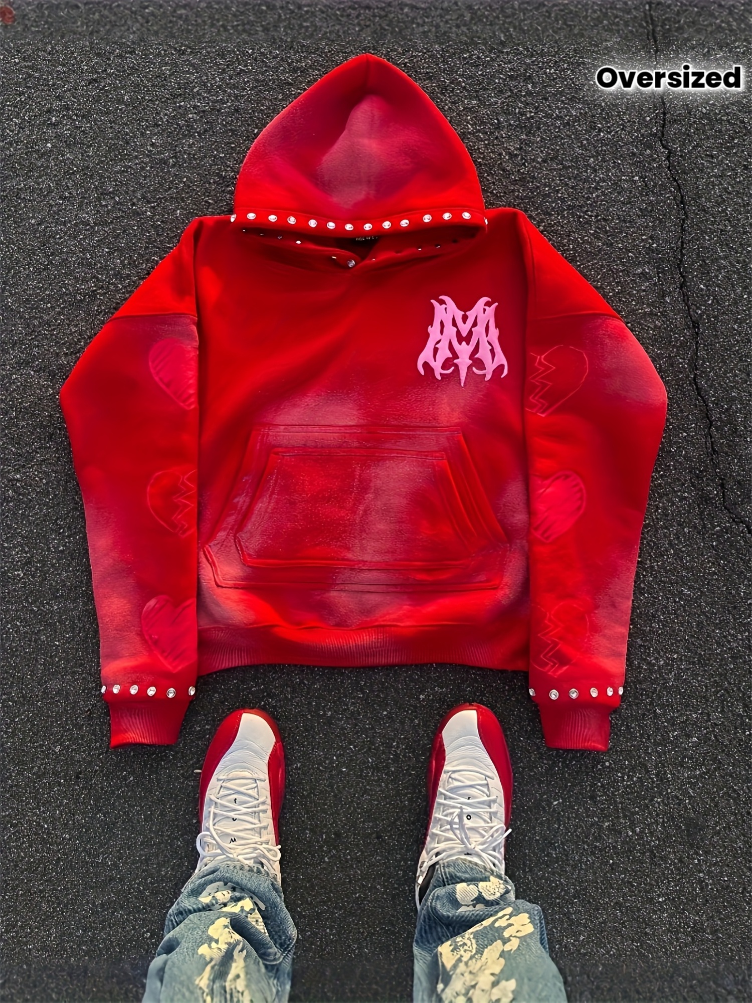 Red Unisex Oversized Y2K Streetwear Hoodie with Flame Letter Print & Broken Heart Design, Gradient Studded Hood & Cuffs, Hip Hop Couple Sweatshirt for Men and Women, Casual Streetwear, Vintage Aesthetic, Rhinestone Embellishments, Casual Wear, Oversized Fit, Medium Stretch, Raglan Sleeves, Fashion Enthusiasts