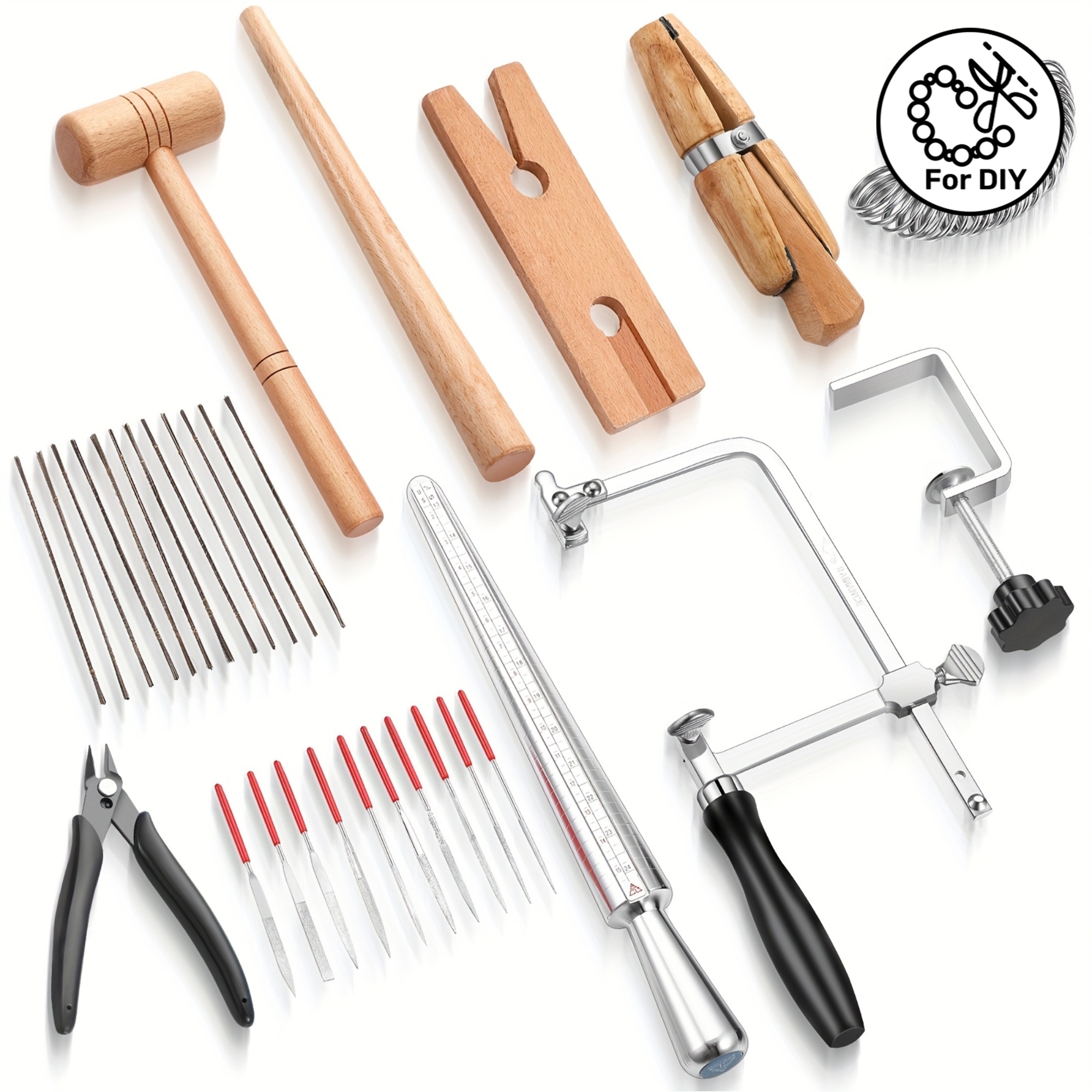 1 Set Jewelers Tools Set Including Jeweler Saw Frame Bench Pin Clamp Diamond Needle File Wooden Ring Clamp And Ring Sizer Mandrel Measuring Tool Jeweler'S Mallet Hammer Stick For Jewelry Making