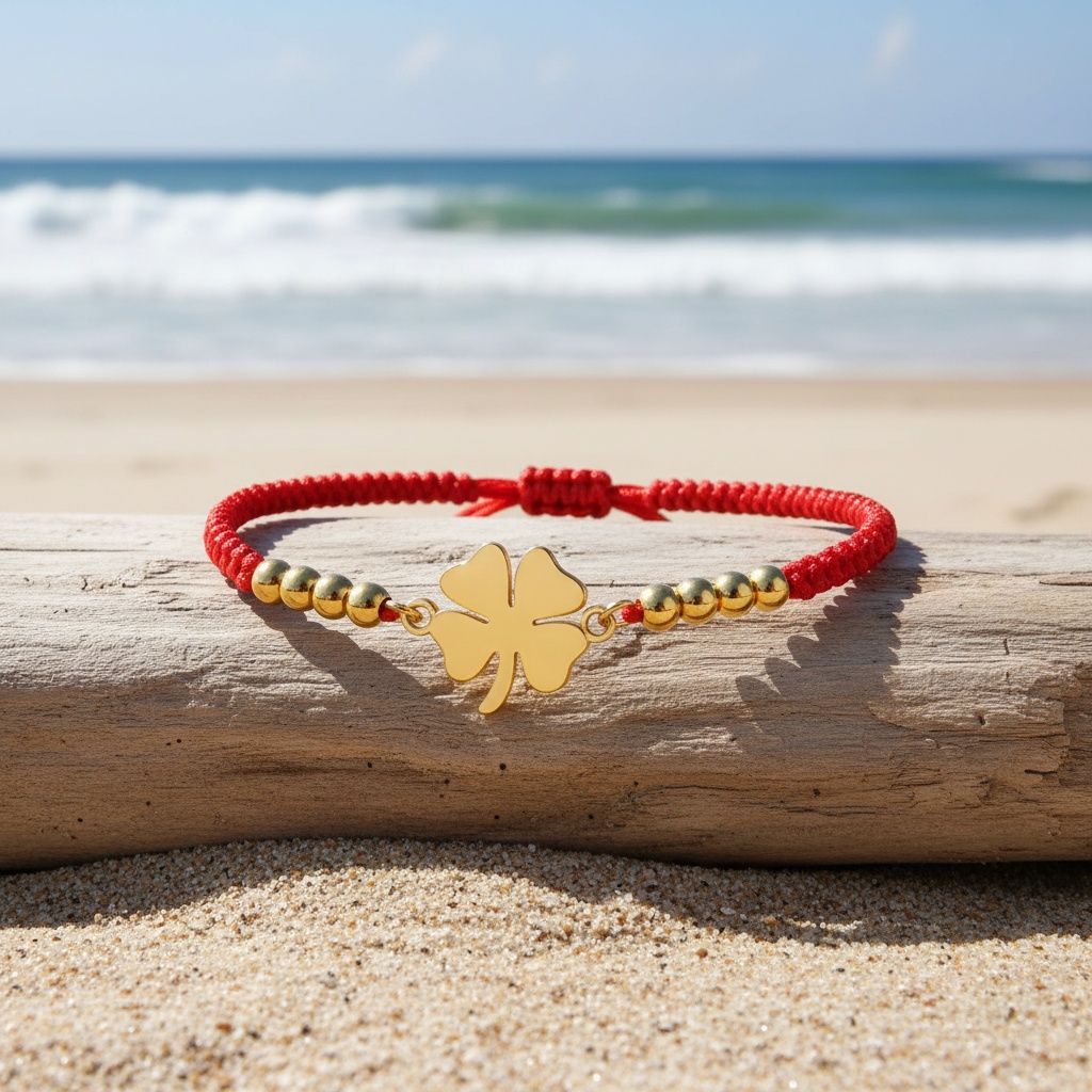 Red/Black Braided Rope Bracelet with Golden Clover Pendant