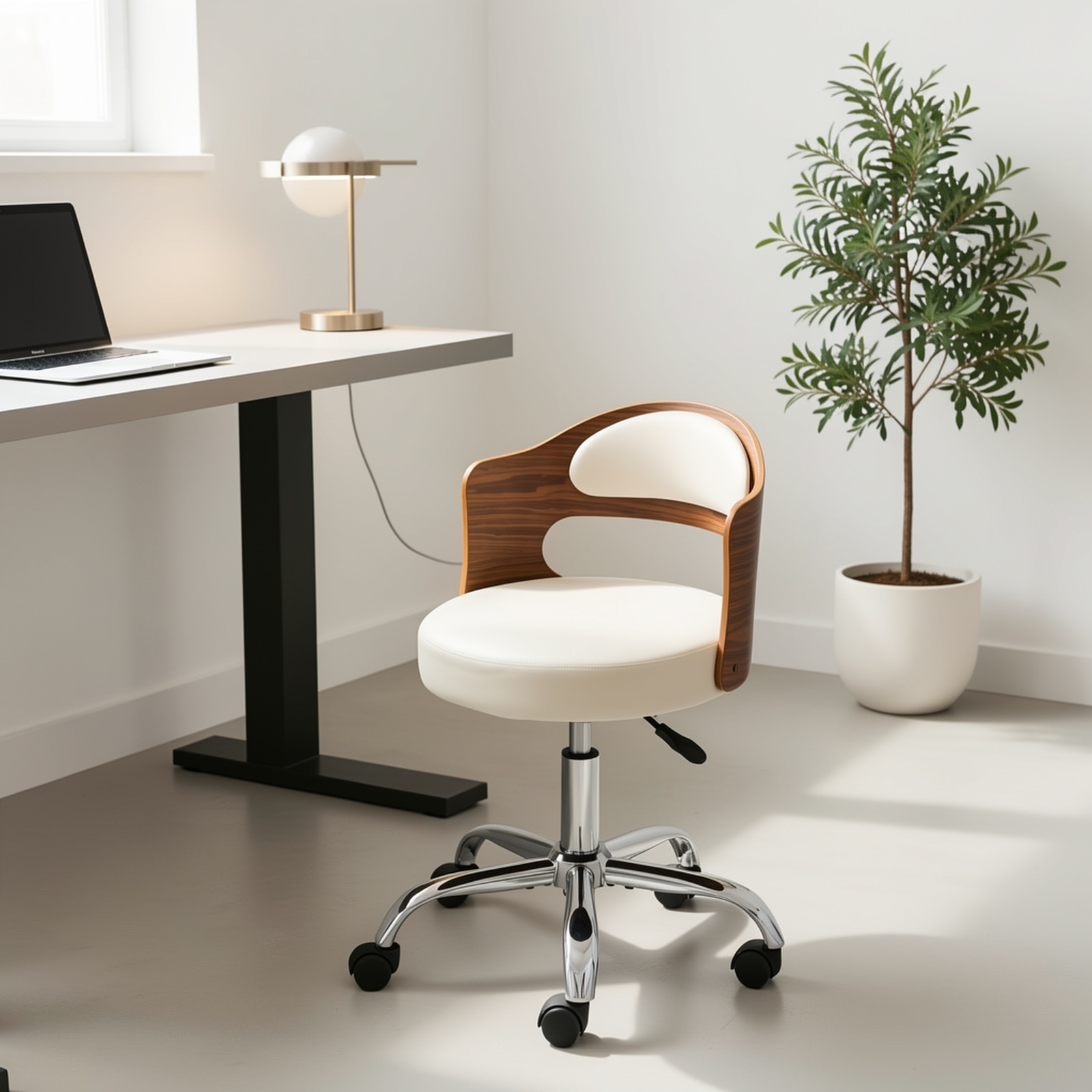 Bonnlo Adjustable Height Home Office Chair - Armless Swivel Desk Chair with Manual Height Adjustment, Curved Walnut-like Backrest, White & 5-Star Base-Like Stability (No Wheels) for Small Spaces, Study, Computer Desk - Space