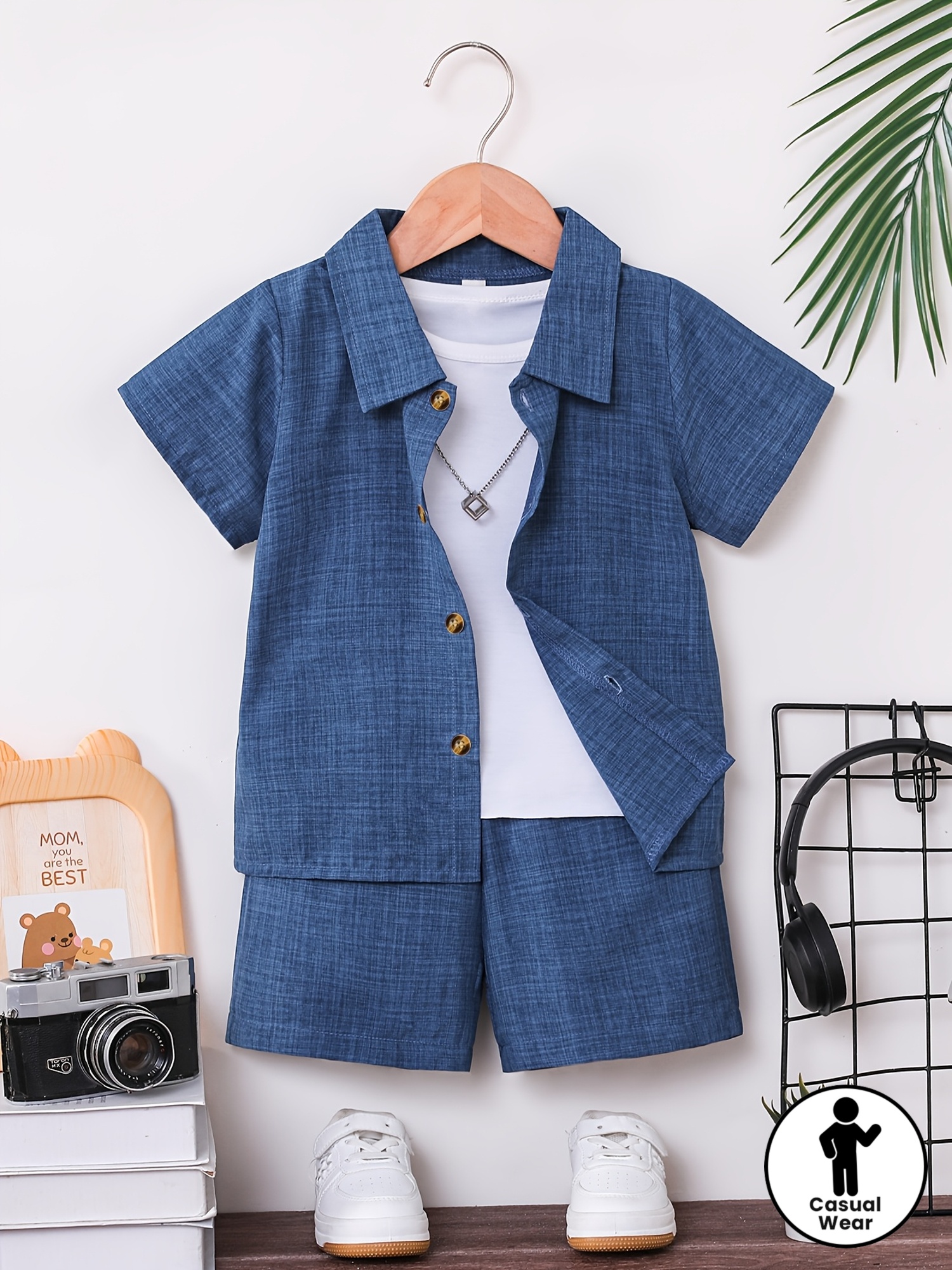 2pcs Boys' Summer Short Sleeve Button-Up Shirt & Matching Shorts - Solid Color Collar Outfit, Short Sleeve Casual Playwear for School, Outdoor, Vacation - Matching 2pcs Suit, Button Closure ( & Kids), Perfect for Outdoor