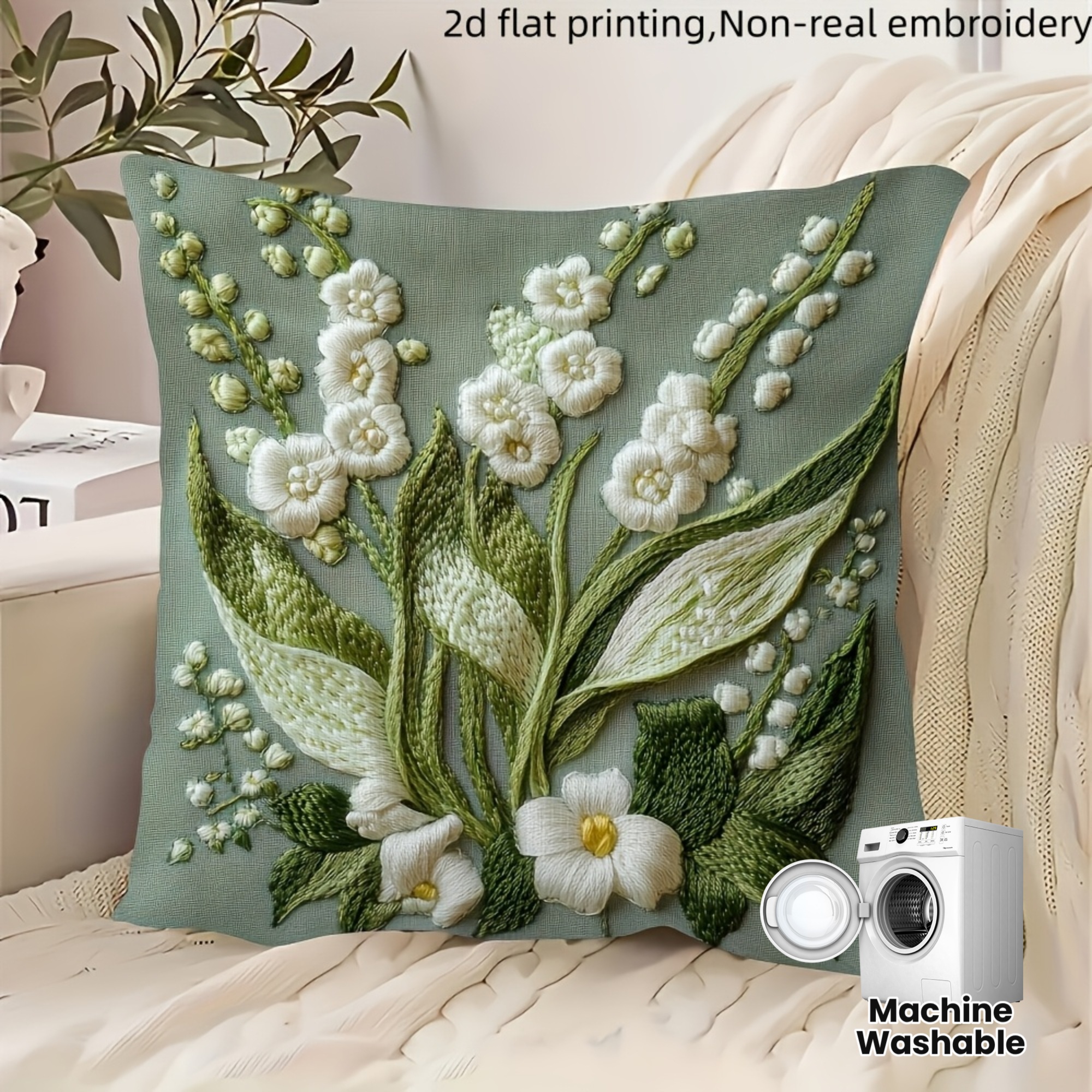 TEMU 2d Flat - 1 Vintage Lily Pillowcase | 2d Flat Print, Embroidery, Machine Washable, Zipper Closure, Suitable For Decor Styles, 2d Flat