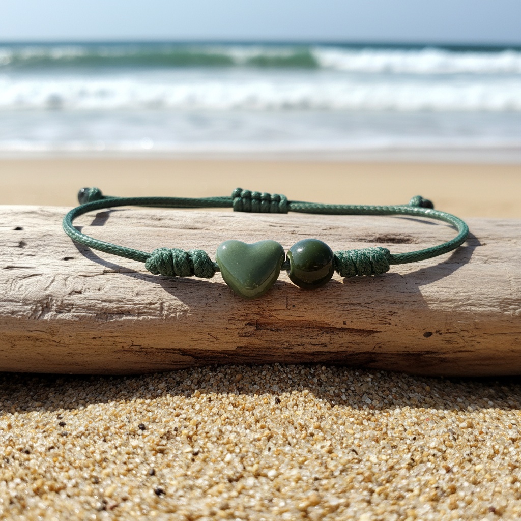 Women's Handmade Ceramic Green Heart Bracelet, Adjustable Length