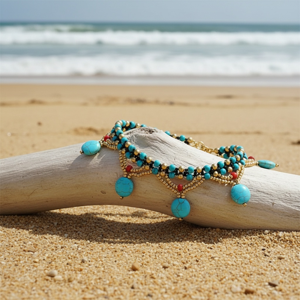 Women's Bohemian Style Natural Turquoise Double Layer Anklet