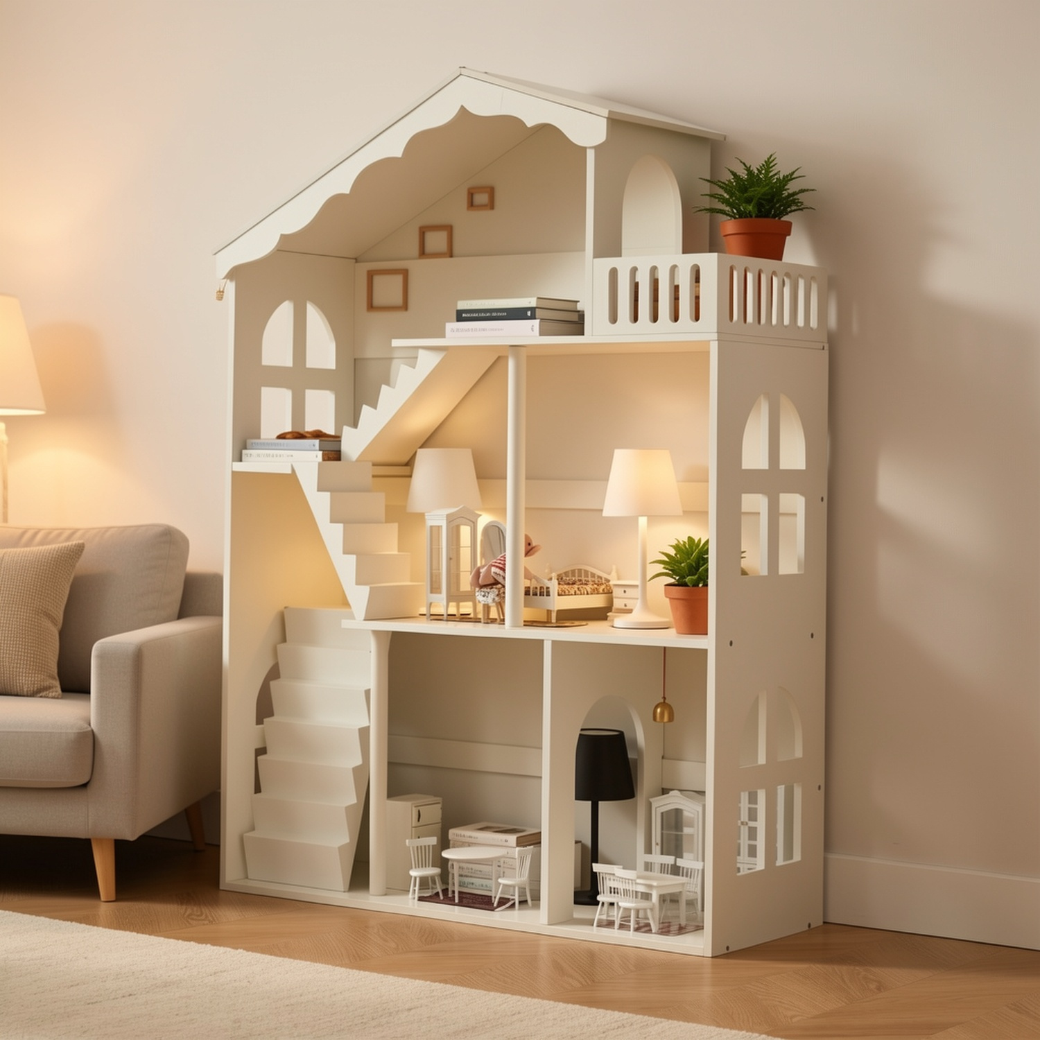 3-Tier Freestanding Wooden Storage Shelf Bookshef, Multi-Purpose Organizer for Kitchen, Living Room, Home Decor, White Space-Saving Standing Book Shelf, Bookcase Dollhouse Perfect Display Storage, Kids Playhouse