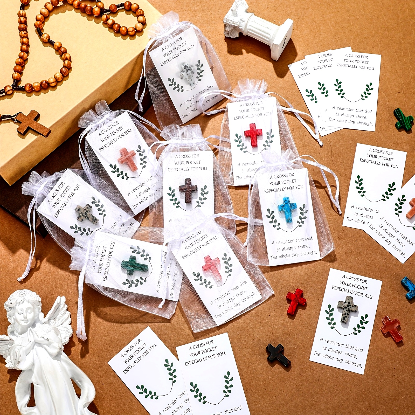 40 Sets Religious Cross Crystal Stone Pocket Hug Tokens with Greeting Cards - Multicolor Crystal Cross Bookmarks, Inspirational Messages, Thoughtful Keepsake Gifts for Friends, Family, Colleagues (Christmas, Thanksgiving, Graduation)