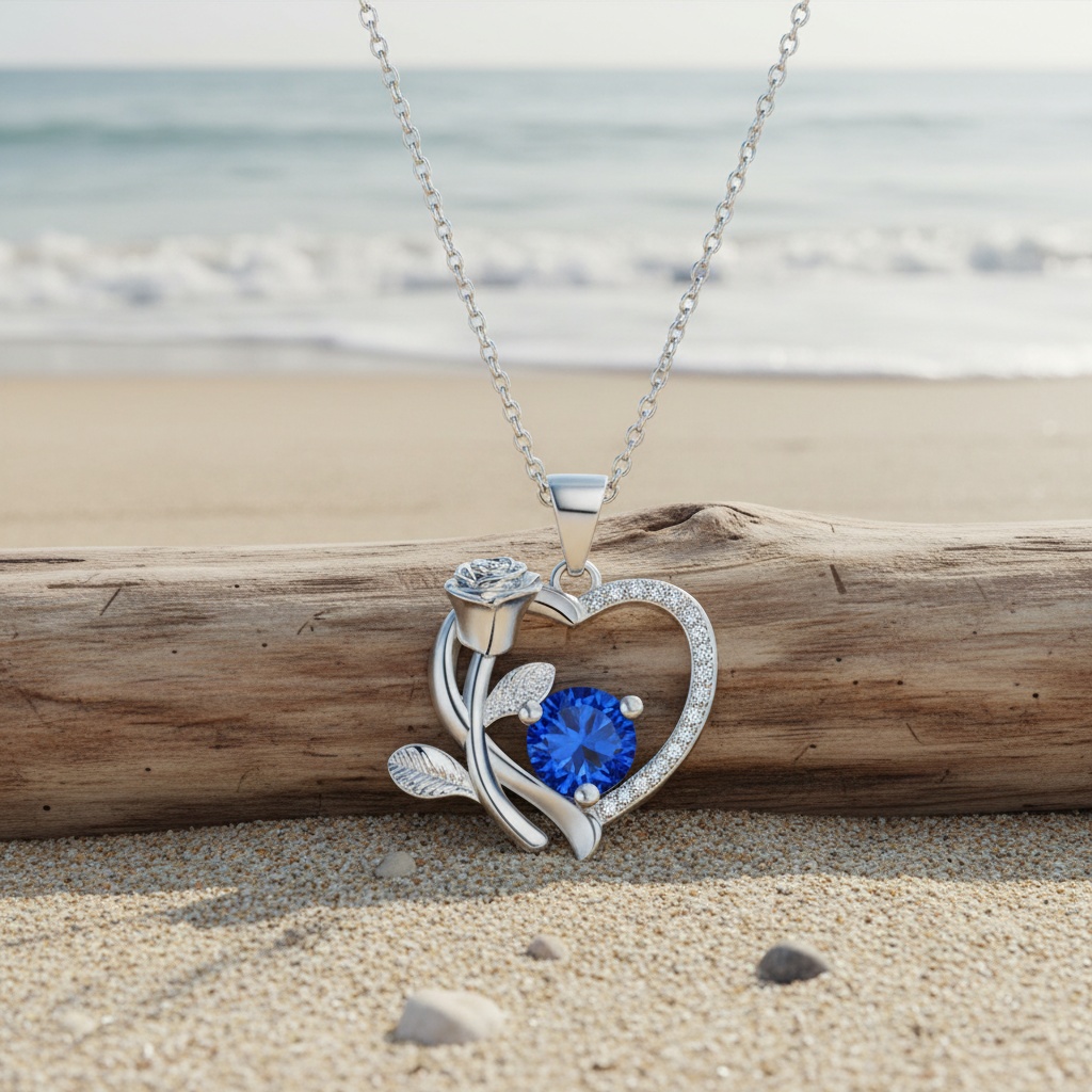 Women's Luxurious Deep Blue Synthetic Zirconia Heart Rose Pendant Necklace