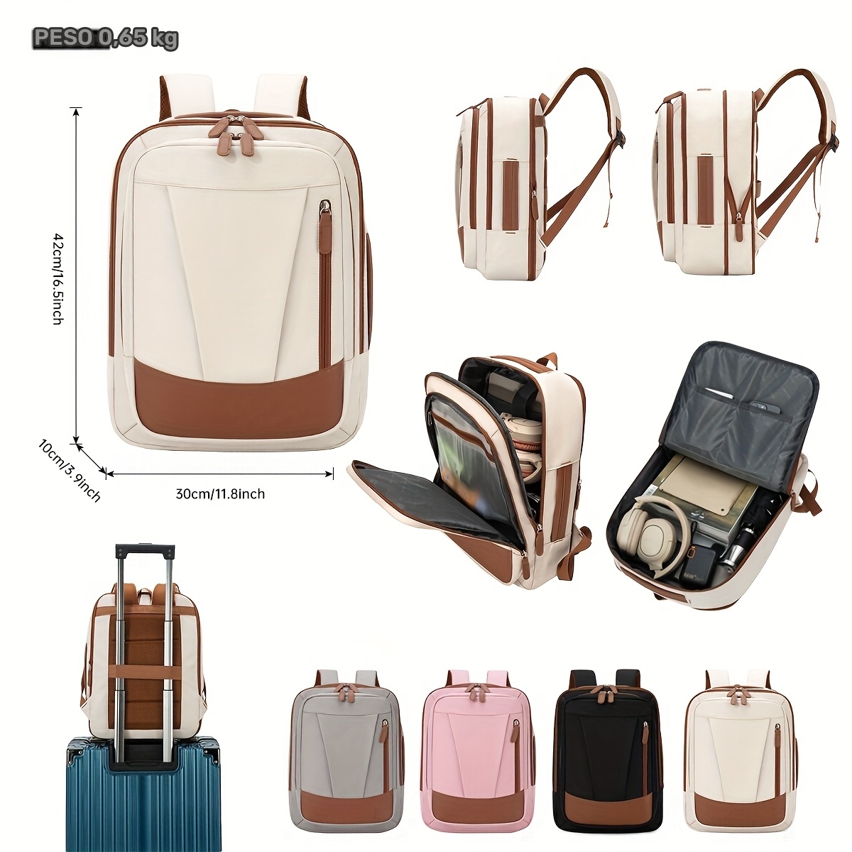 Mochila de mano expansible de 40 litros para aviones - Ligera y convertible, con correas de hombro ajustables, múltiples compartimentos y estuche de trolley, negro, mochila de viaje para aviones, cierre de cremallera duradero.
