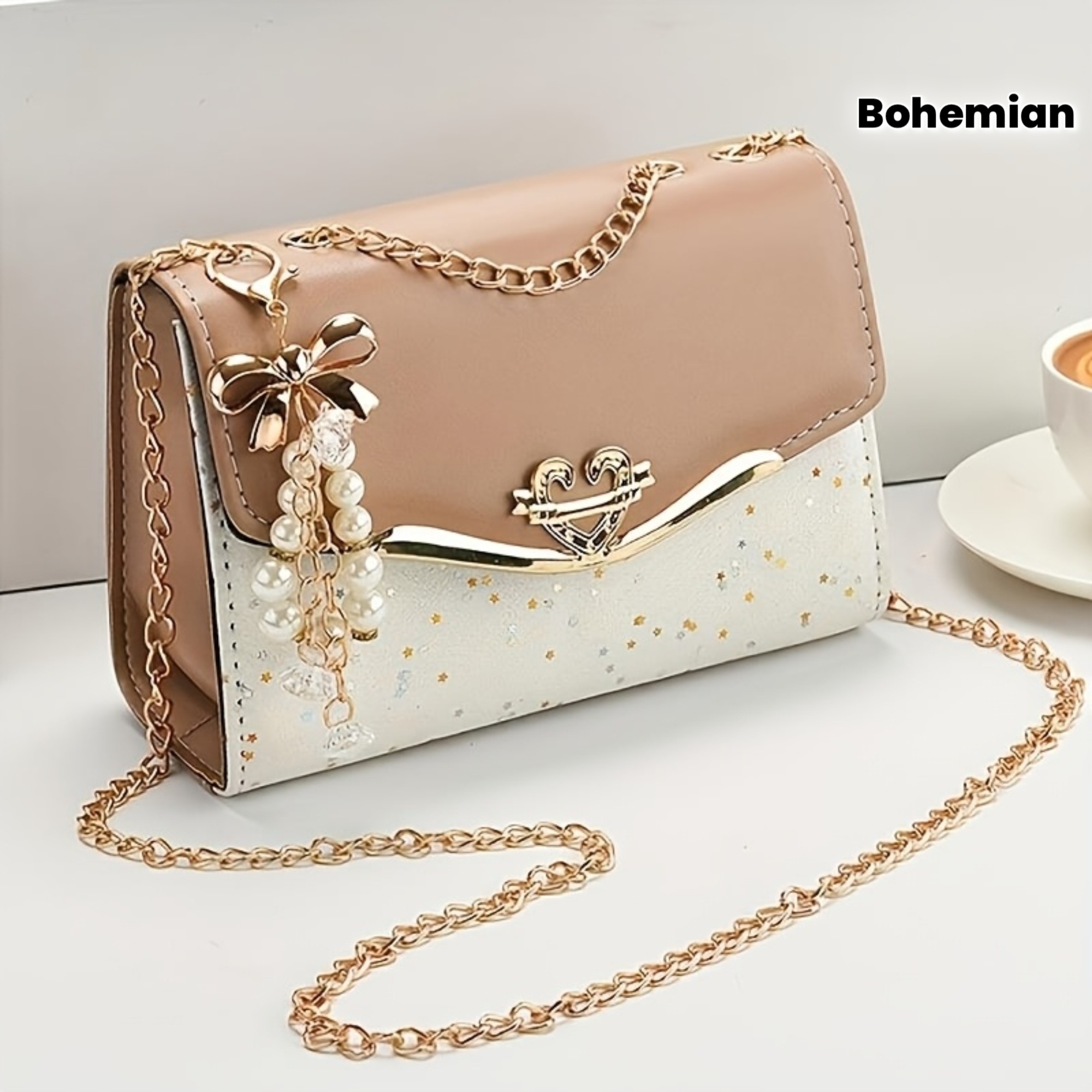 womens bohemian beige pu crossbody bag with tassel charm lightweight flap shoulder purse metal chain strap portable for college ideal gift for valentines day everyday use Product details 1