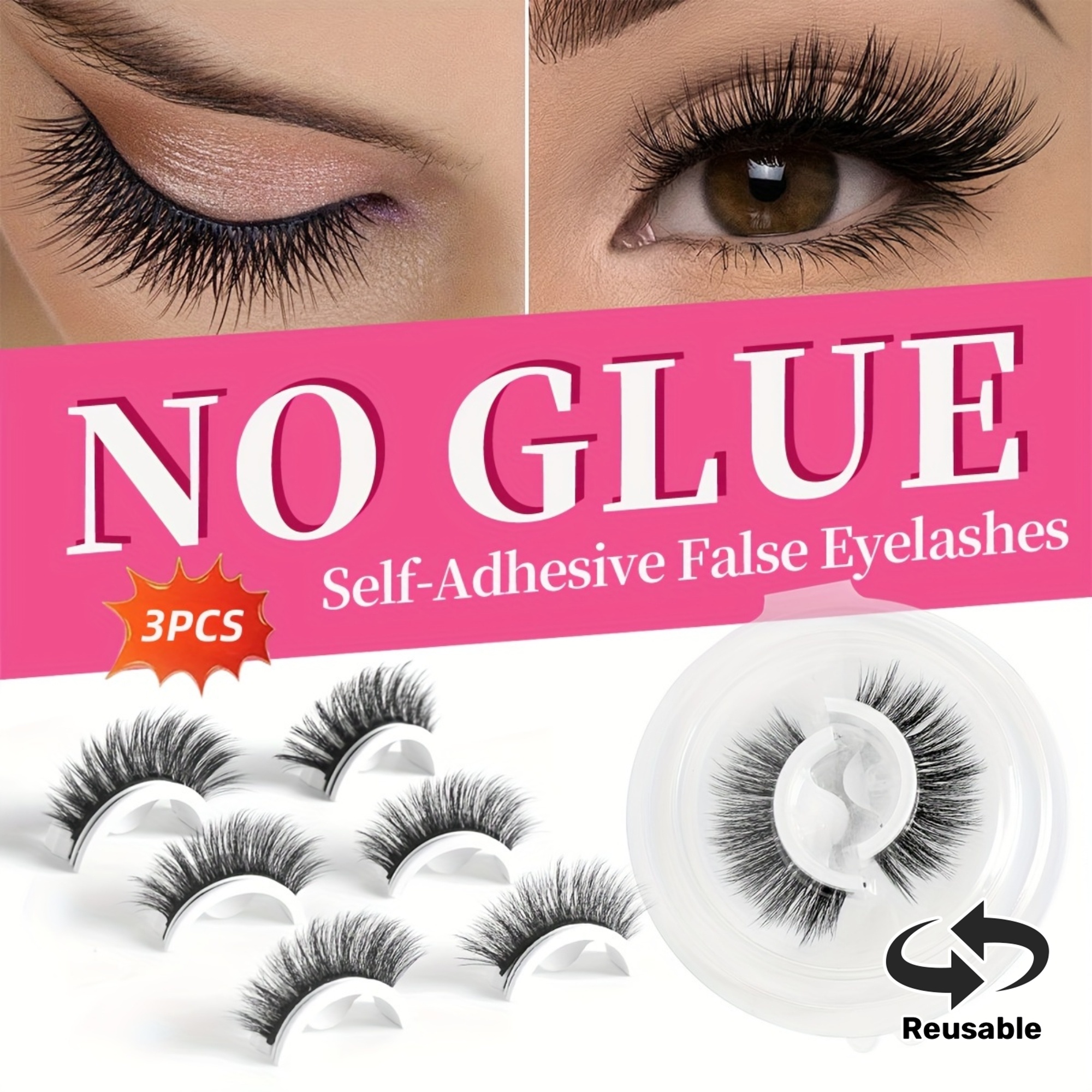 [Glue Free 3D Lashes] 3 Pairs Reusable Self Adhesive False Eyelashes, With Wearing Tools, Glue Free Eyelash Extension For Makeup Natural 3D Lashes Waterproof Easy Wearing Full Strip Lashes 6-16mm