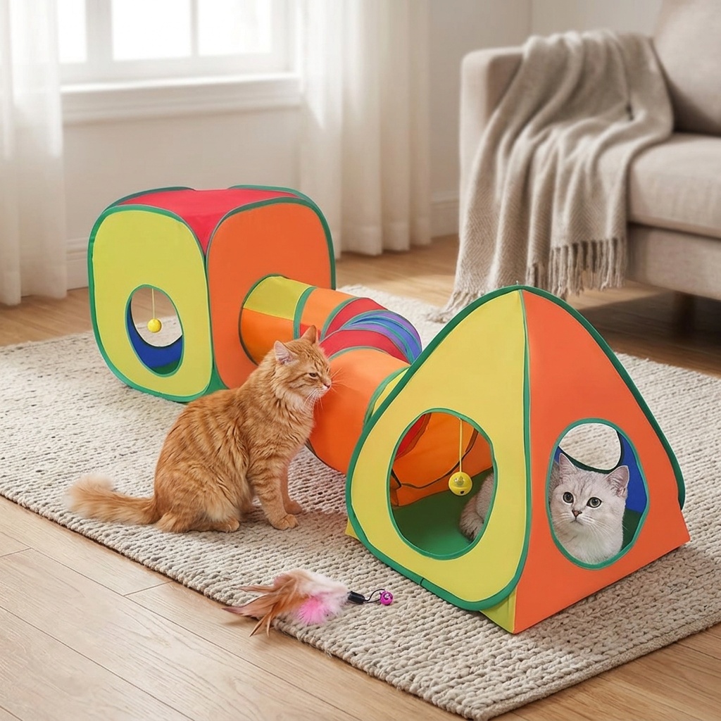 Cat Tunnel with Tent Cube & Feather Toy Combo for Indoor Cats