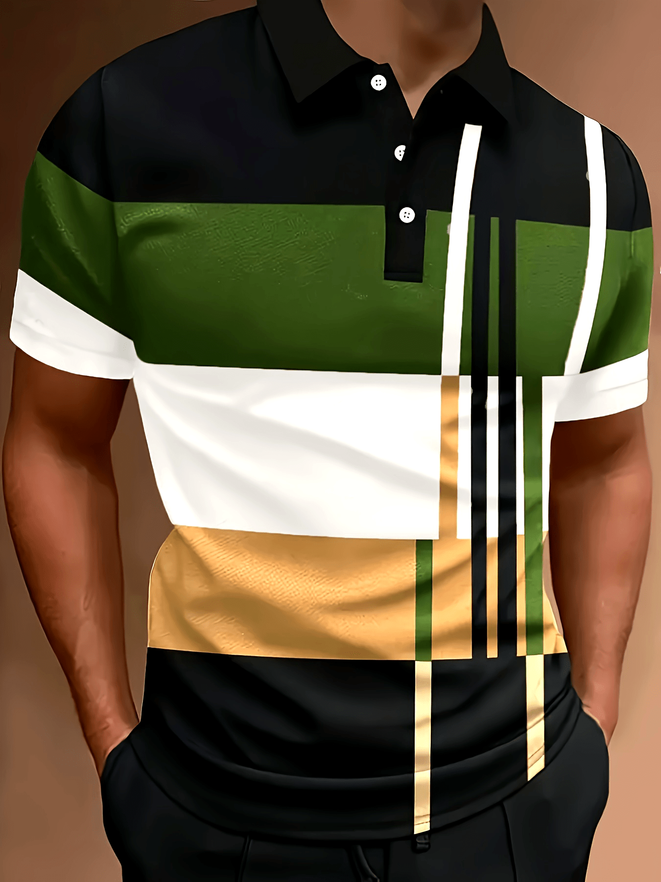 Men'S Casual Geometric-Pattern Polyester Knit Golf Shirt, Regular Fit, with Lapel Collar, Slight Stretch, Button Detail, for All-Season Short Sleeve Sports Shirt
