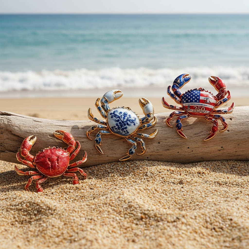Exquisite Crab Enamel Brooch, Patriotic Football Pin