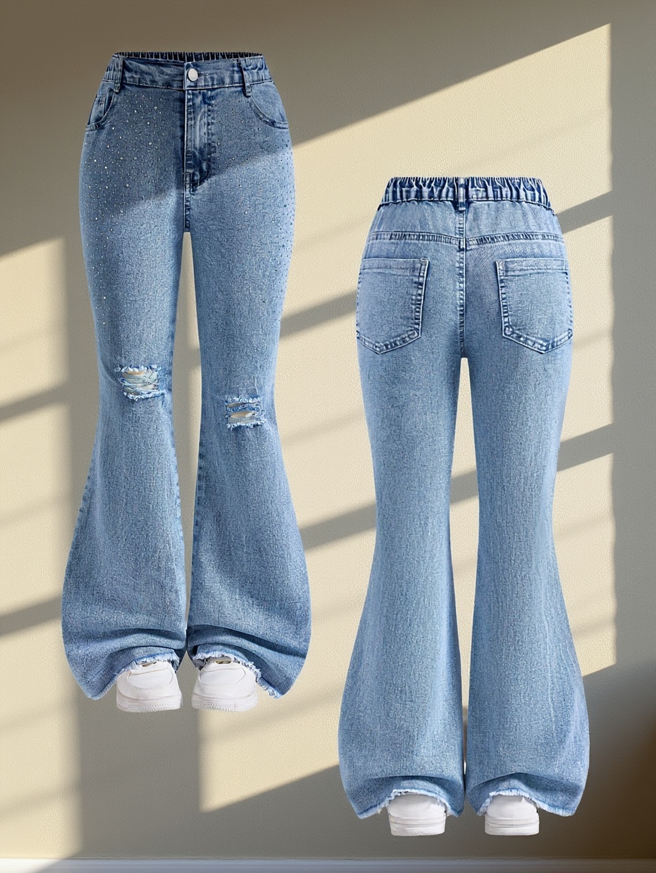 Girls' Casual And Easy Washed Stretch Slim-Fit Flared Jeans. Light Blue Trendy And Versatile Jeans with Frayed Hems. Suitable for Wearing in All Seasons