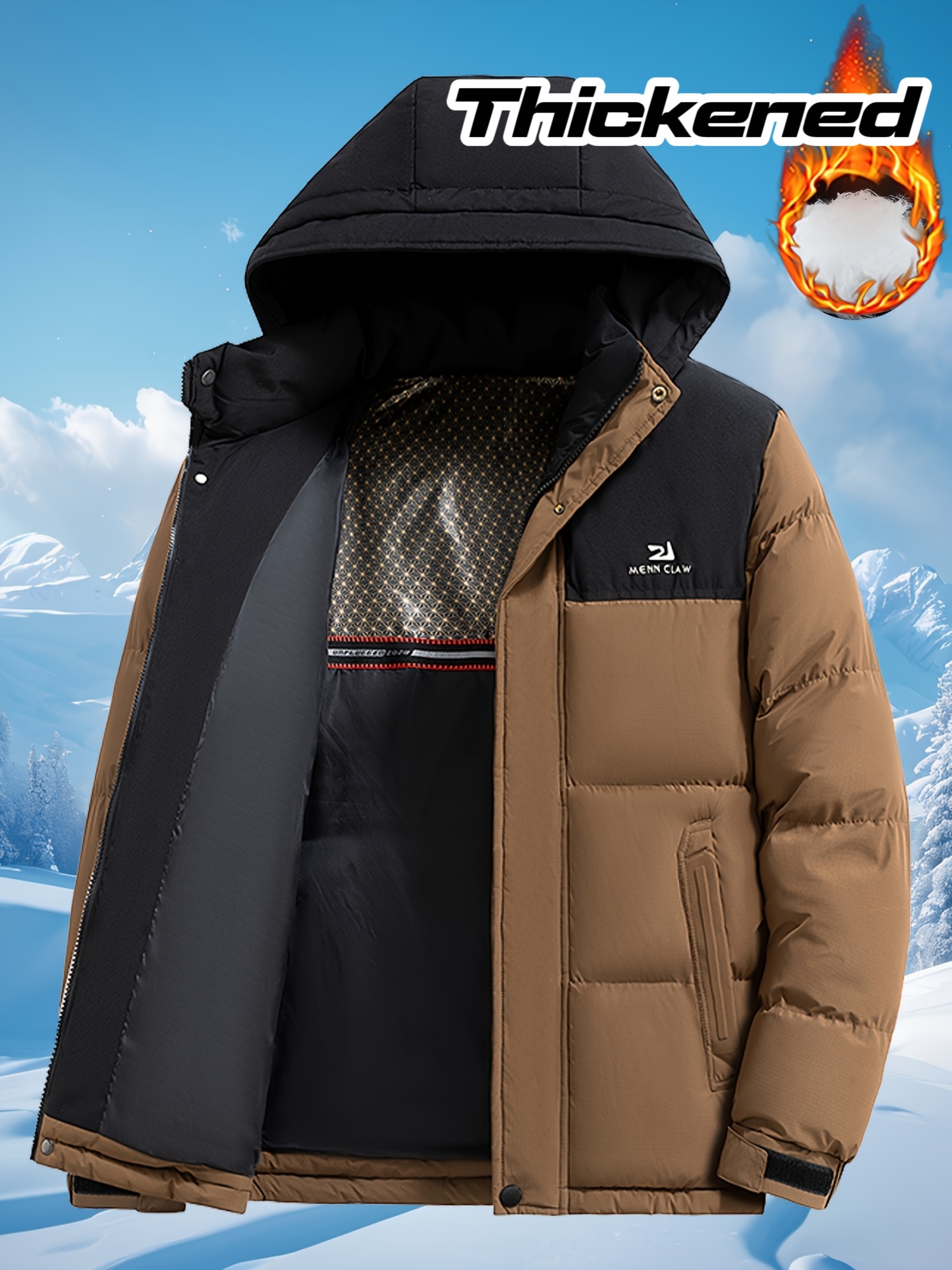 Manteau d'hiver pour homme, veste épaisse 100% polyester avec capuche amovible, coupe-vent, pour le quotidien et activités extérieures