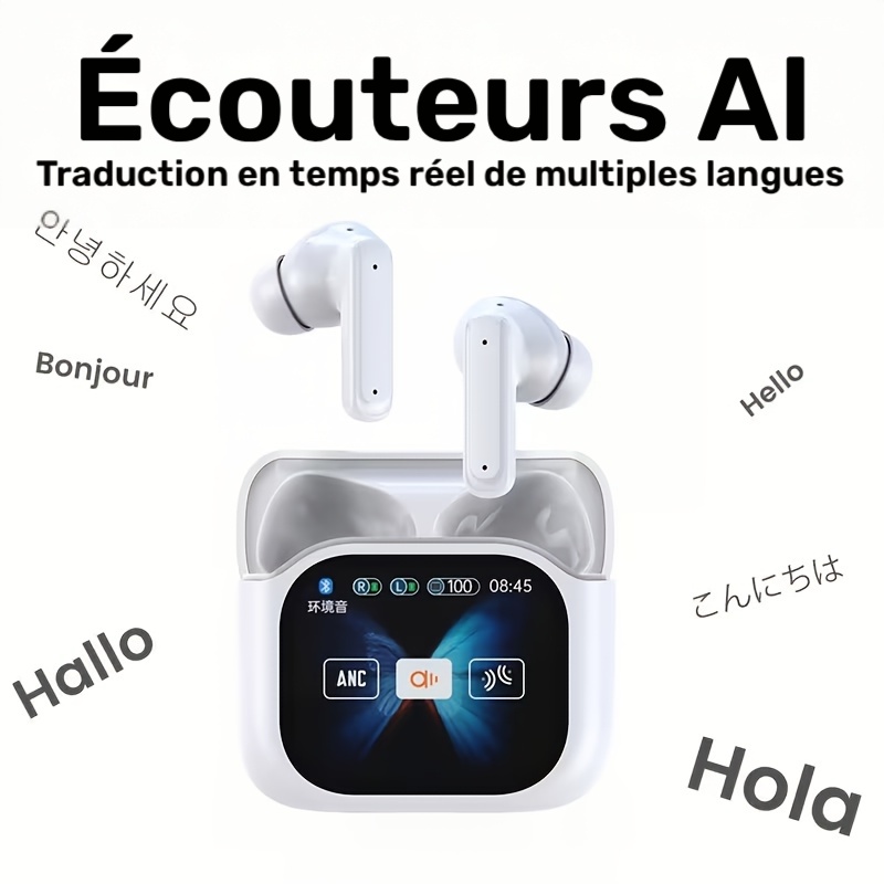 Casque d'écoute à traduction IA, prenant en charge la traduction en ligne en temps réel dans plus de 150 langues, contrôle d'écran grand format couleur LCD de 2 pouces, chargement Type-C, longue durée de vie de la batterie, casque sans fil 5.4, son stéréo, 4 microphones ENC