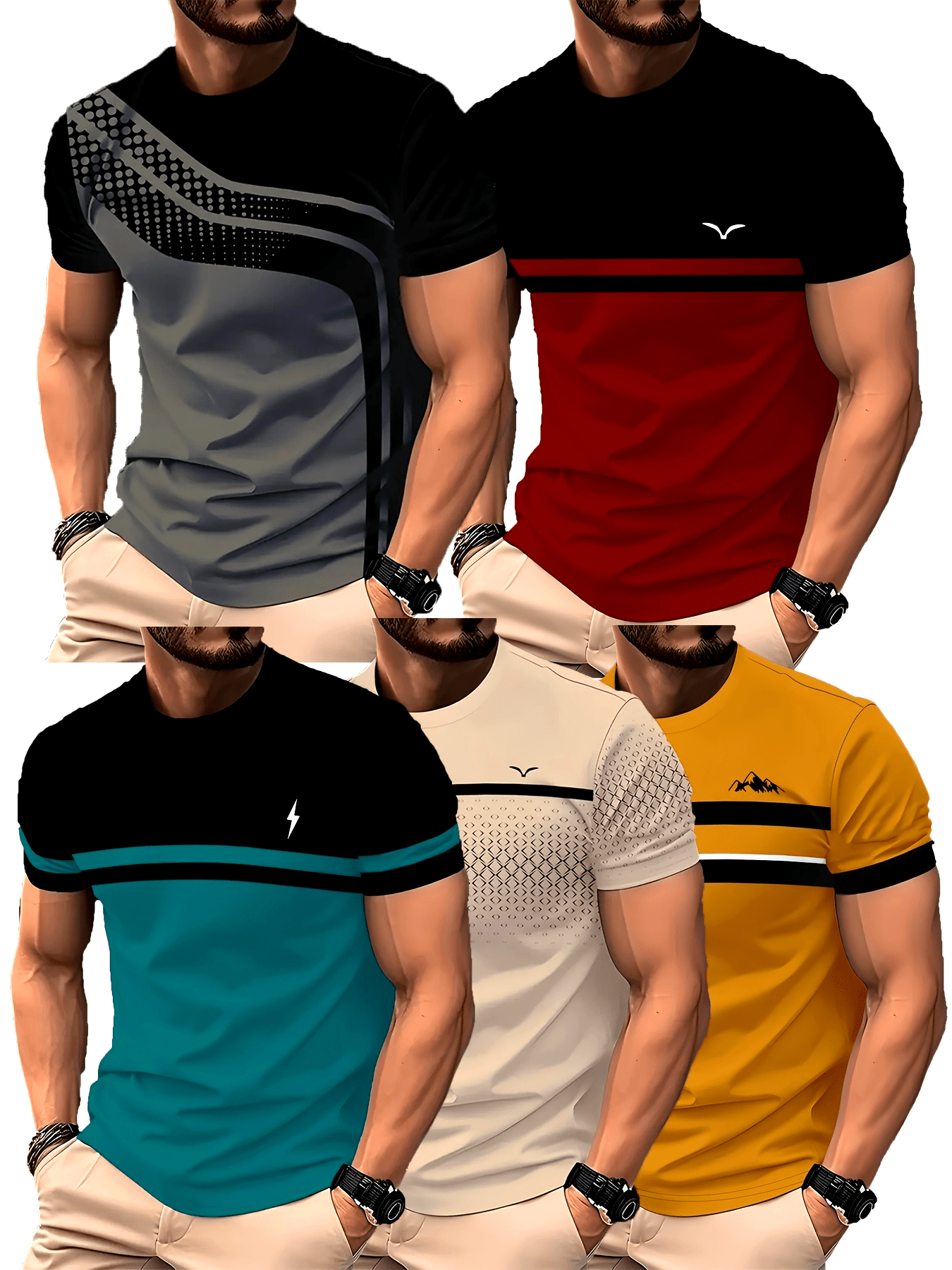 Ensemble de 5 T-shirts à manches courtes pour hommes, imprimé rayé, élégants et décontractés, T-shirts d'été à col rond, couleurs dégradées, séchage rapide et respirants