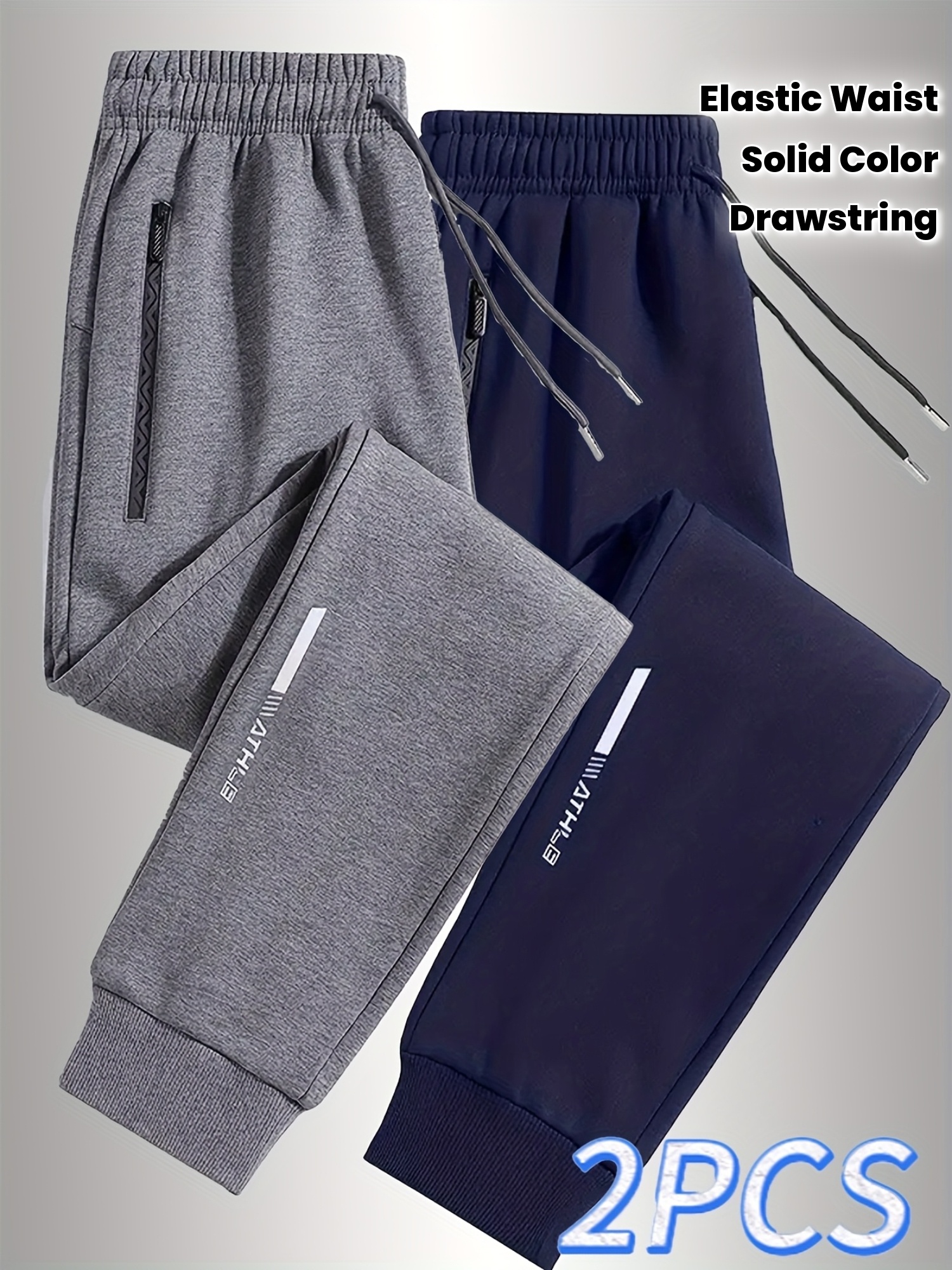 2-Pack Men's Solid Color Jogger Pants with Elastic Waist and Adjustable Drawstring, Side Zippered Pockets - Stretchy Machine Washable for Running, Traveling, Outdoor & Everyday Use All-Season Fashion Casual Activewear