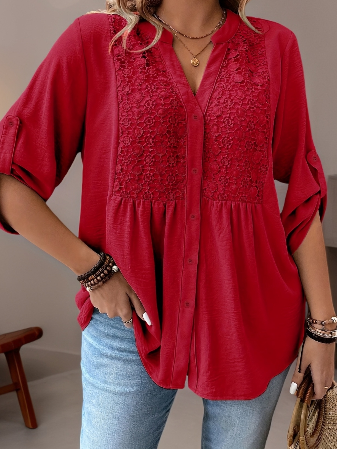 plus size womens plus size pink lace trim v neck blouse casual 3 4 sleeve button up shirt with floral applique lightweight non stretch fabric for spring summer fall versatile layering casual attire lace blouse seasonal fashion top   design nonstretch material   0
