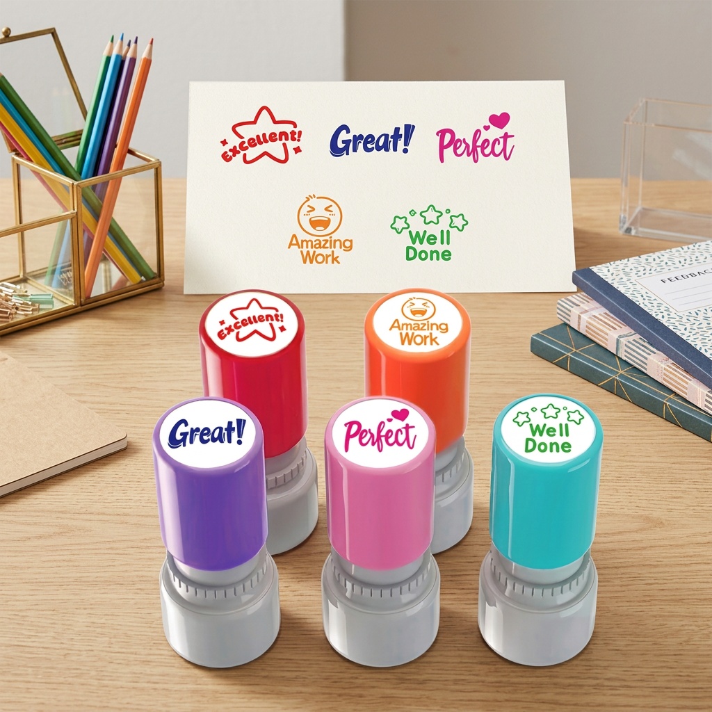 Five Colorful Round Encouragement Stamps for Teacher Feedback
