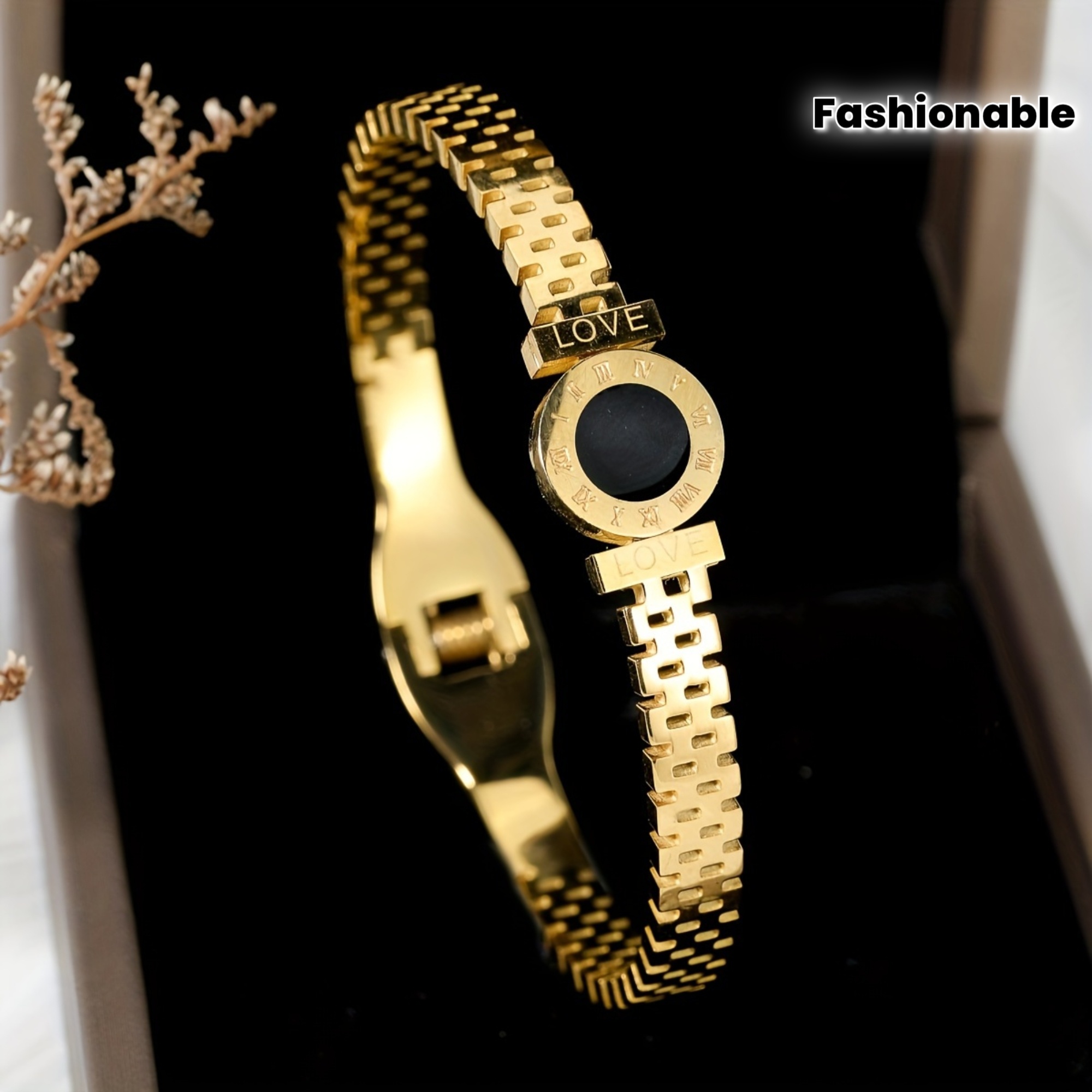 a golden stainless steel bracelet for men and women featuring a sparkling watch band with a black dial roman   and a   making it a stylish piece of jewelry for couples   perfect as a wedding party Product details 1