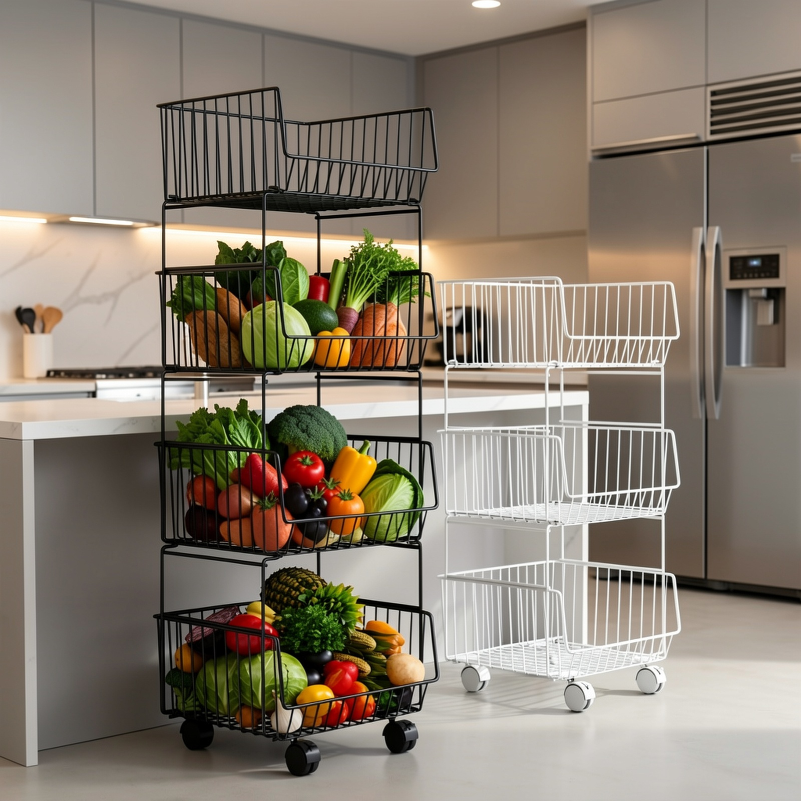 Four-Tier Elevated Stackable Basket Cart for Kitchen Supplies