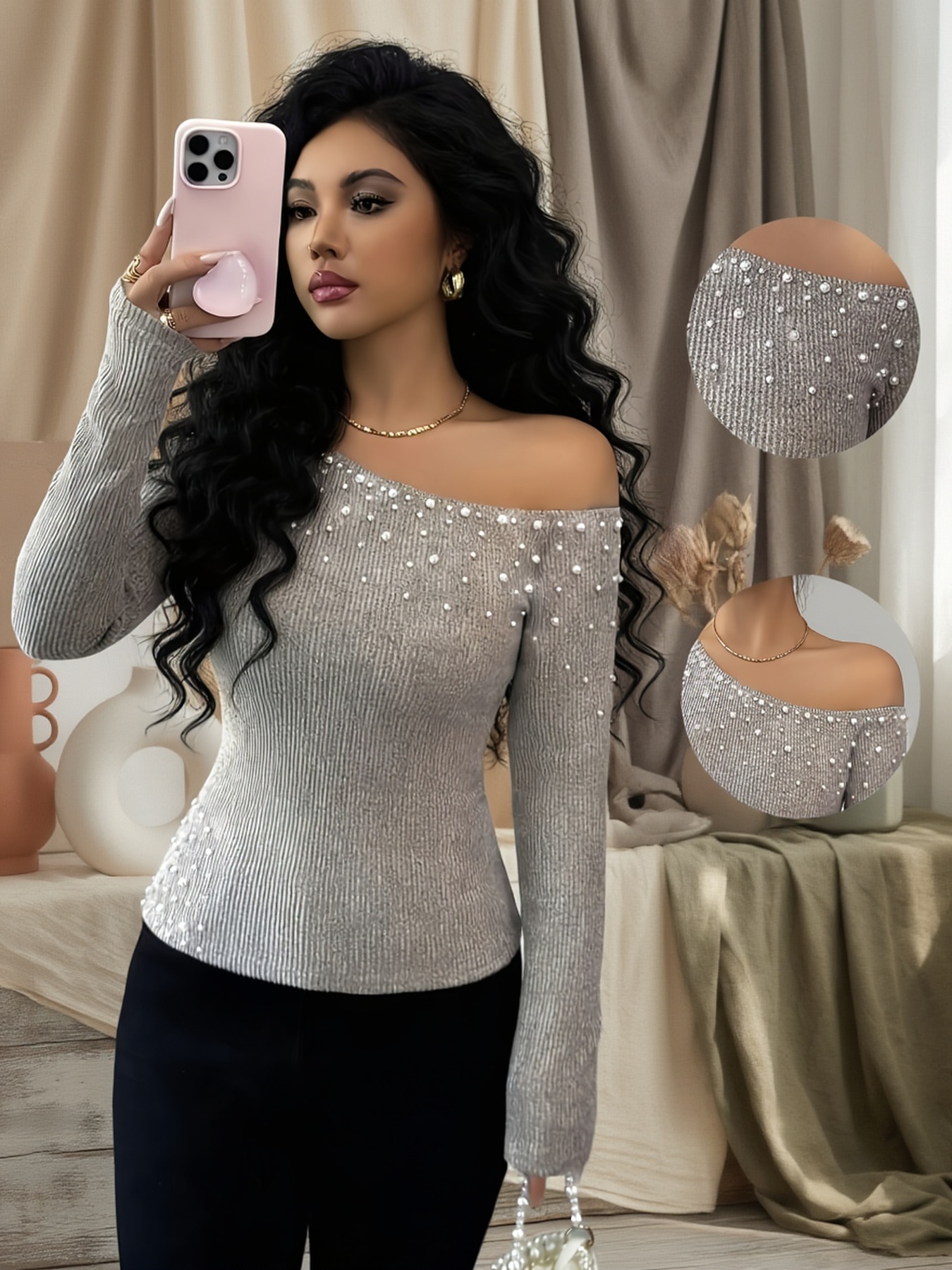 Top casual da donna con spalla asimmetrica, maniche lunghe e vita aderente, caratterizzato da eleganti