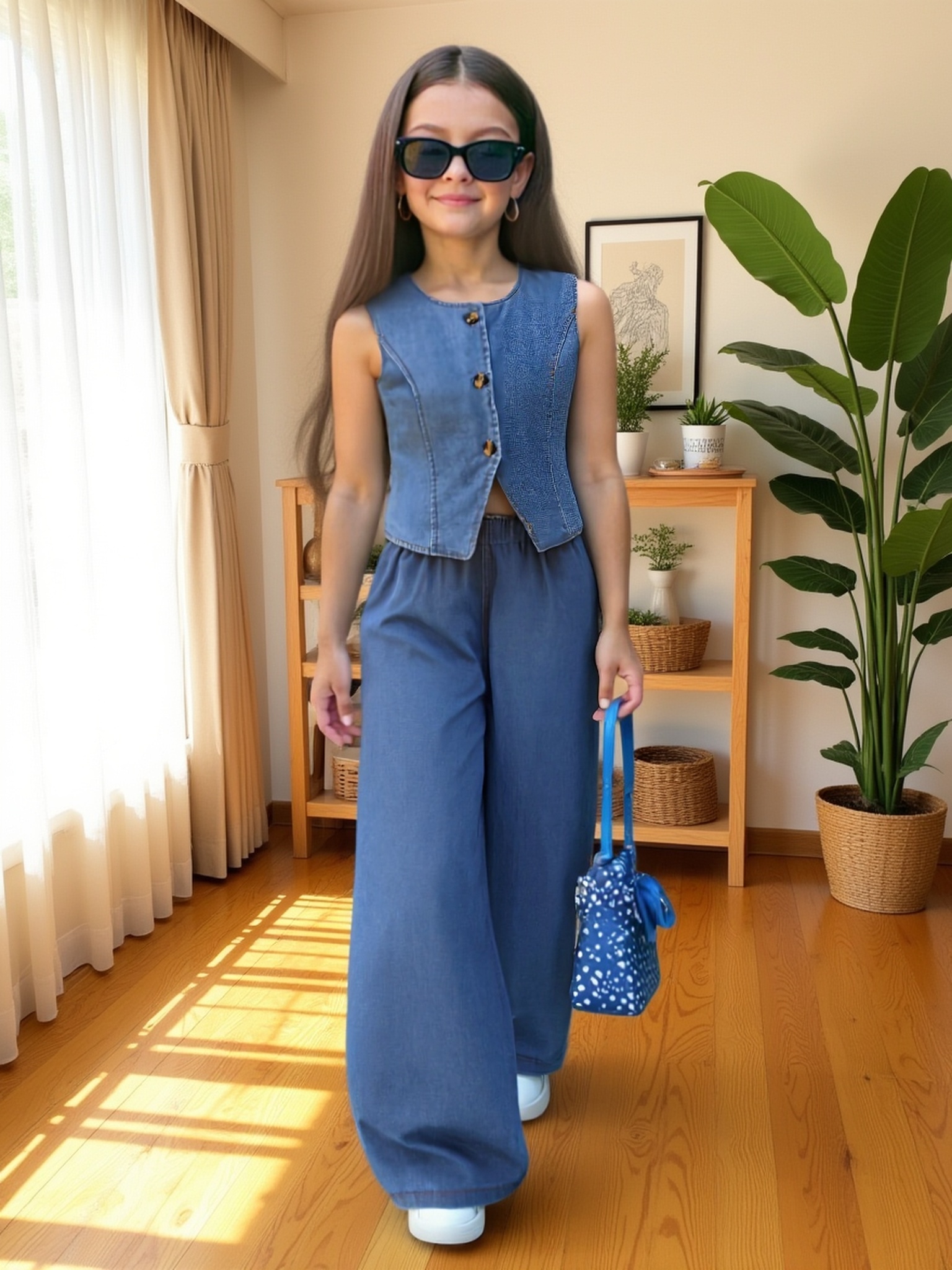 Big Girl Fashion Regular Crew Neck Solid Color Button-Up Sleeveless Hem Irregular Design Denim Top And Loose Solid Color Denim Straight Wide Leg Pants Trousers Length Ankle Length Spring Summer Casual Girls' Denim Two-Piece Set, for Outdoor